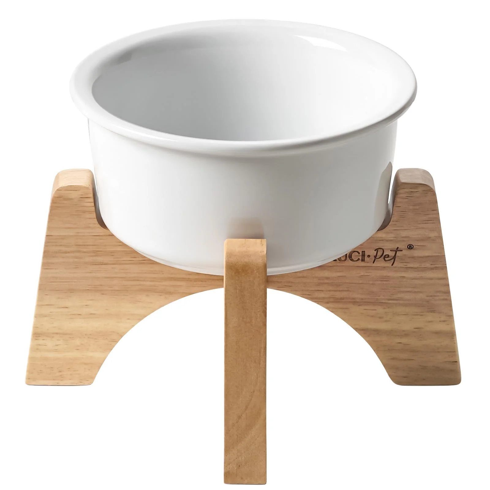 Eco-Friendly LE TAUCI PET Raised Ceramic Dog Bowl with Wooden Stand - 6.5-Inch d Feeder for Small Medium Breeds Original Design