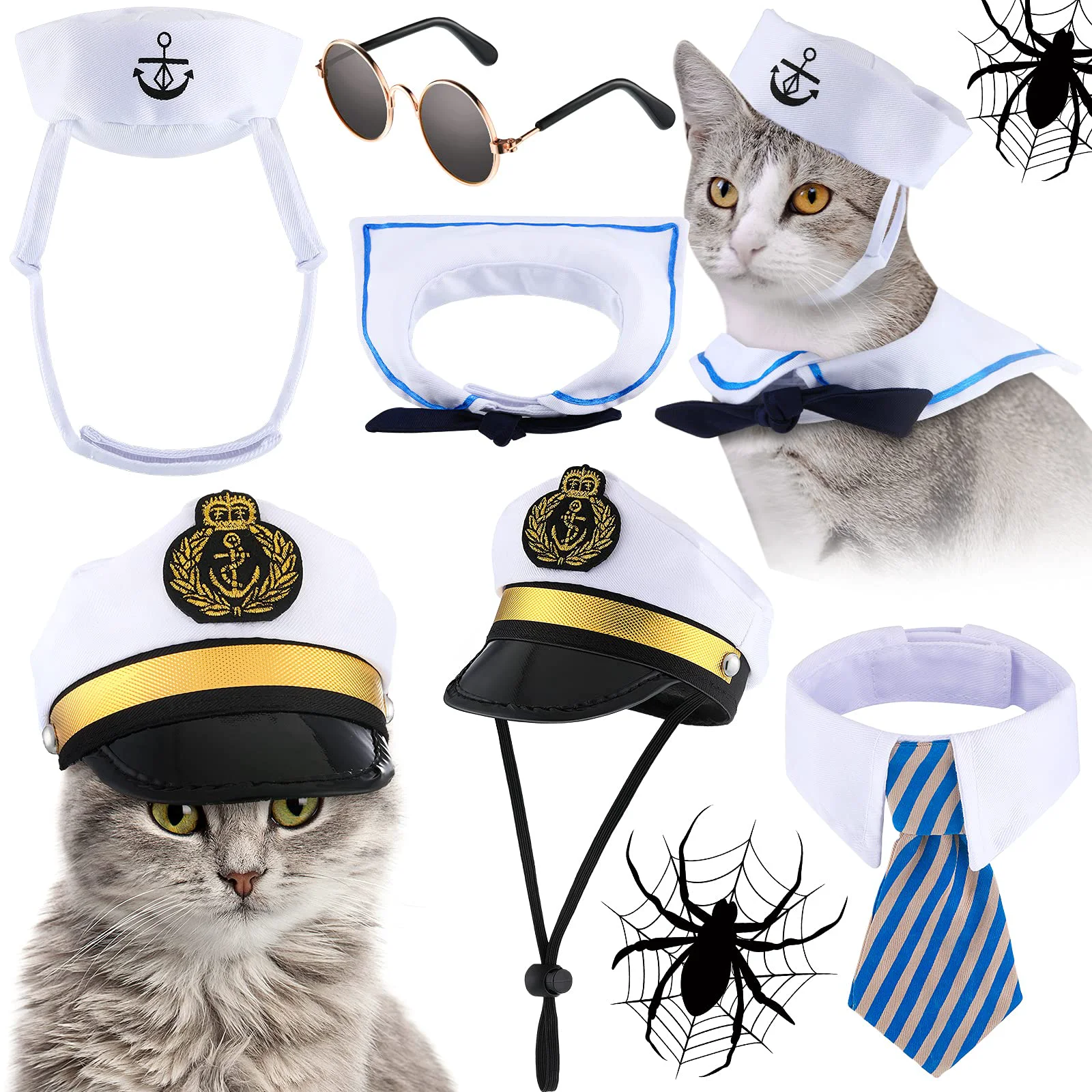 Recyclable Weewooday 5 Pcs Halloween Cat Sailor Costume Set Navy Captain Hat Glasses Tie for Small Pets Easy-to-Use