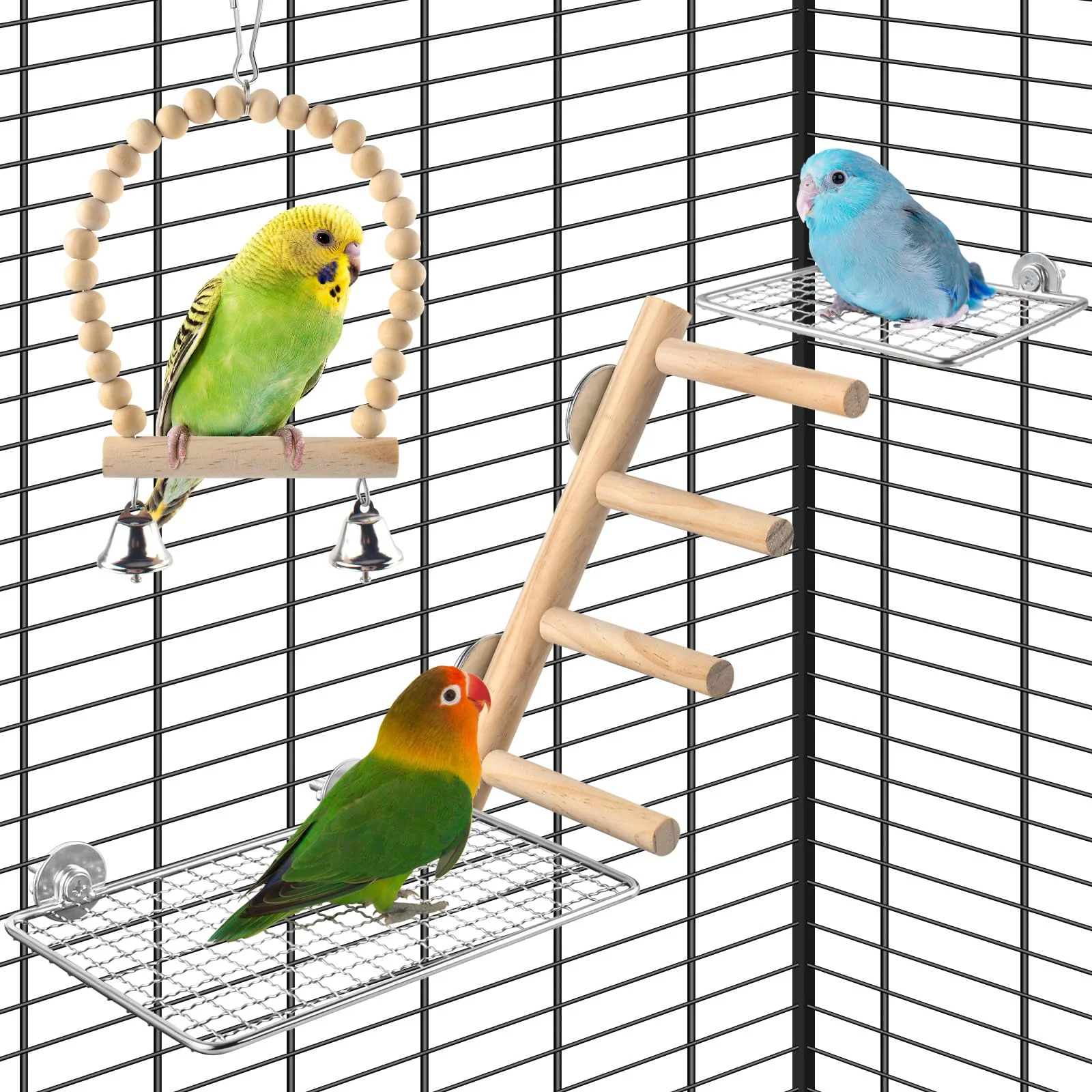 Recyclable DBNESS 4Pcs Bird Perches Toys – Natural Wood Ladder Swing with Bell Stainless Steel Platforms S M Trendy