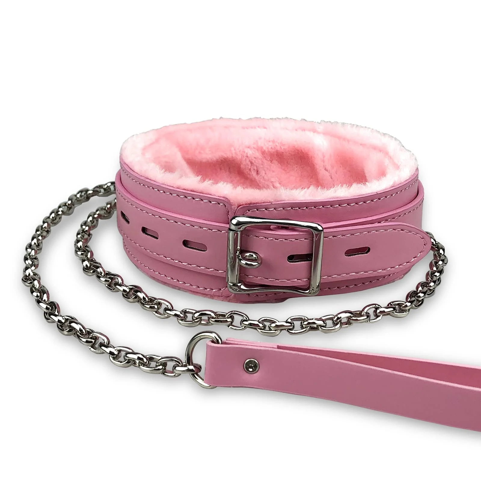 Casual JOYMIN Gothic Leather Choker Collar with Fur Lining – Adjustable PU Leather Pet Collar Detachable Chain Leash Pink Flexible
