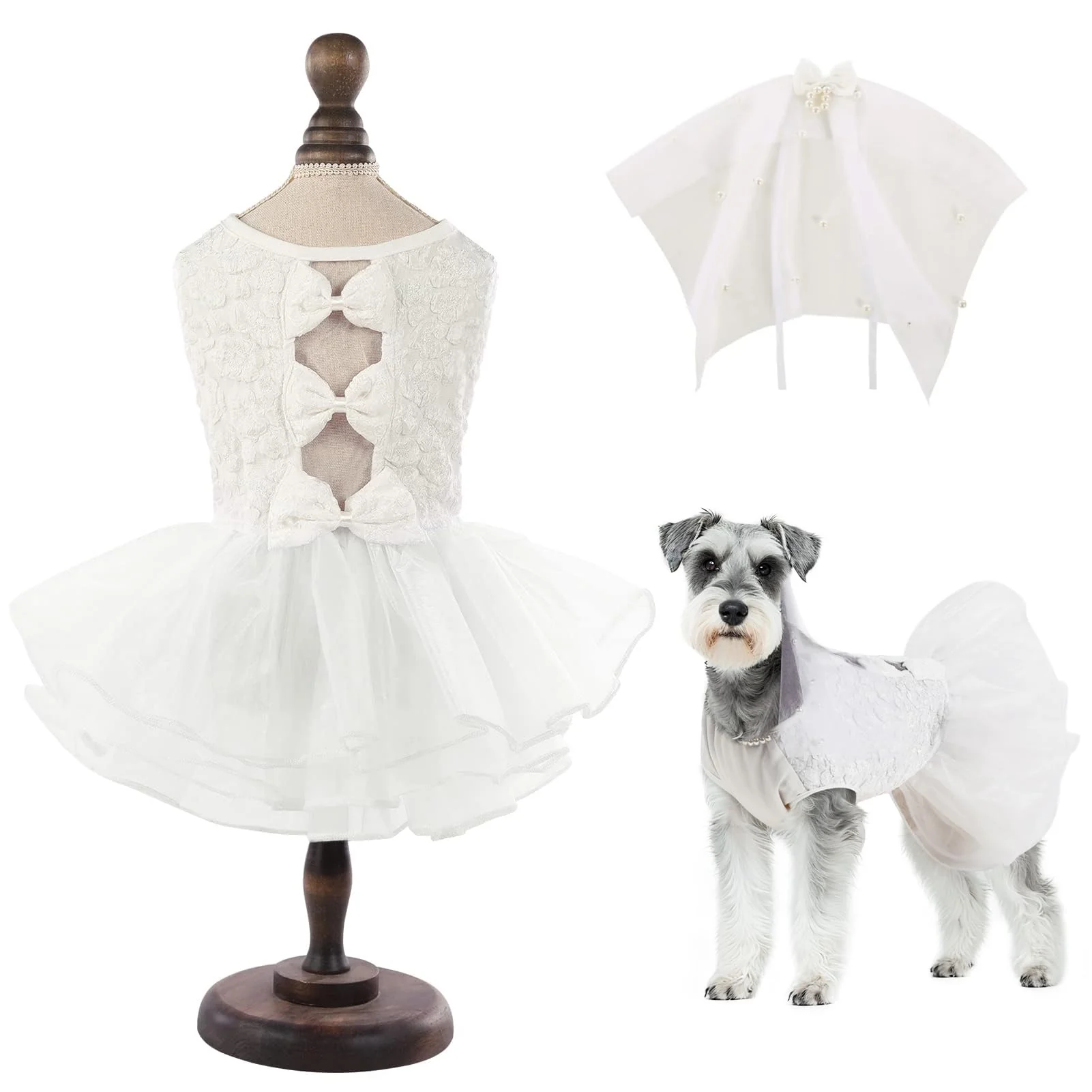 Casual ASENKU Dog Dress - Lace Princess Wedding Outfit with Pearl Necklace White Medium Effective