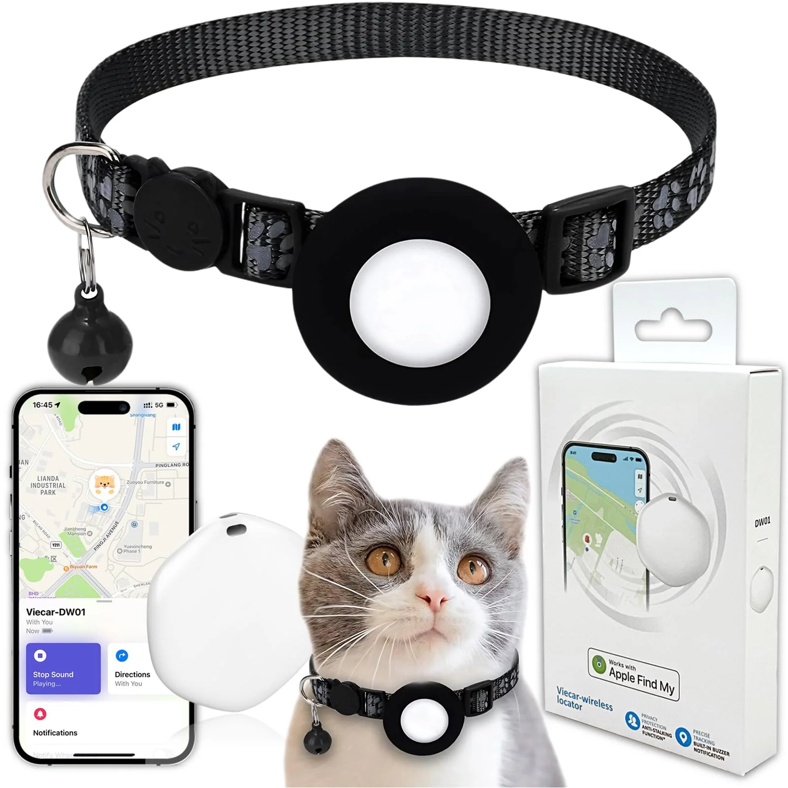 Expertly Made Bingolar GPS Cat Tracker – No Monthly Fee Apple Find My IPX8 Waterproof Collar Breathable