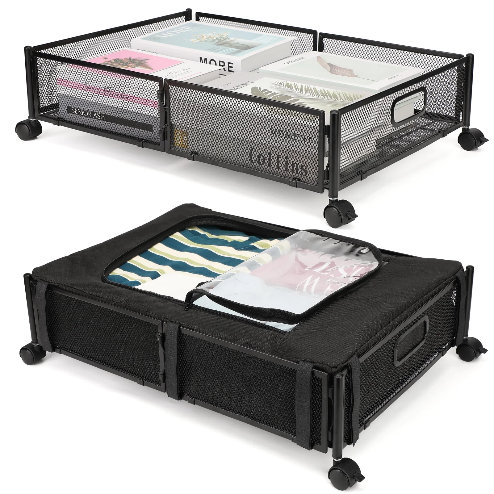 Fine 2 Pack Under bed Storage with Wheels Under bed Storage Containers with Dust Cover Large Metal Foldable Space-saving Under Bed Drawer Shoe Storage Organizer for Clothes Bedding Blankets Toys-Black Quality