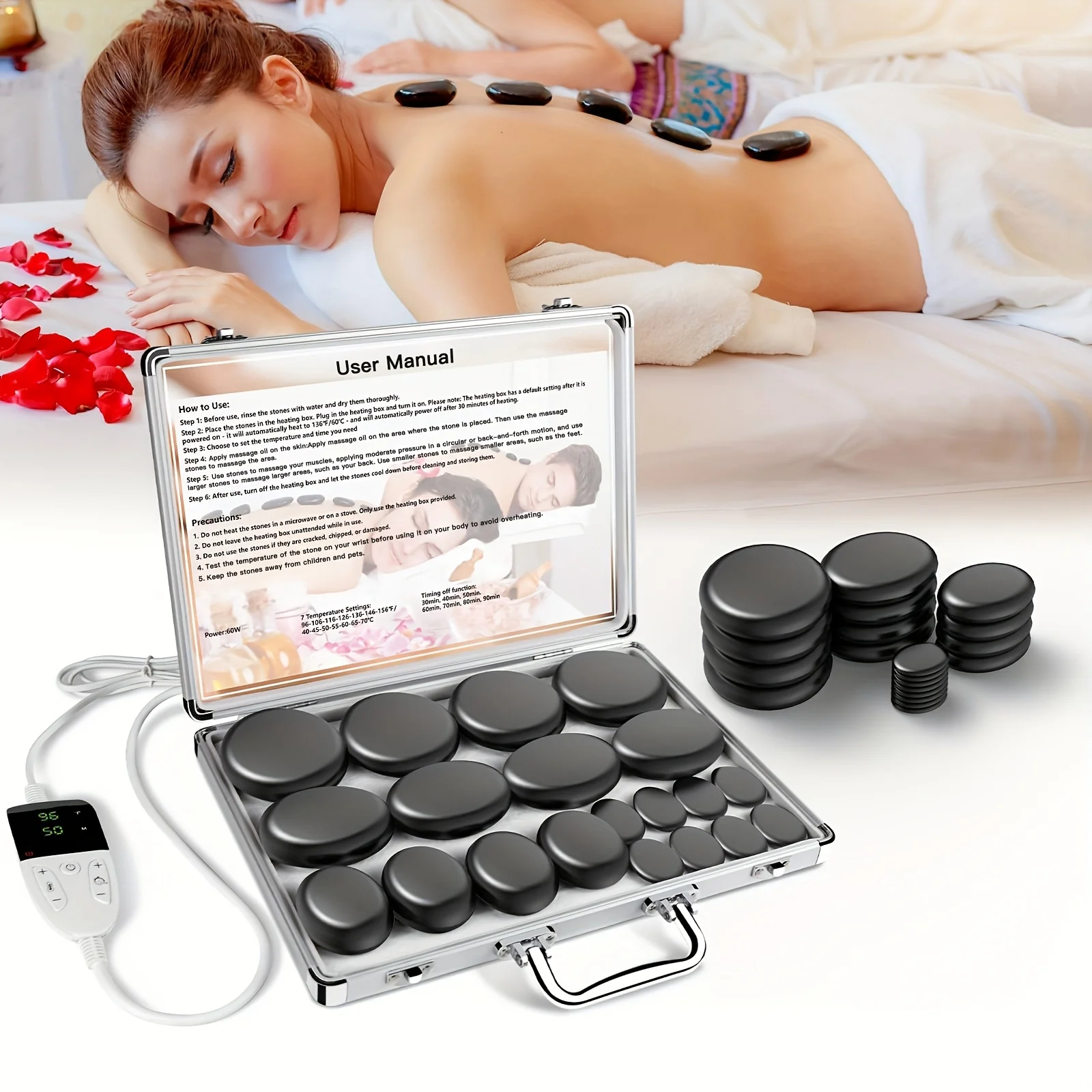 Carefully Designed Hot Stones Massage Set with Heater - 20pcs for Full Body Spa Elite