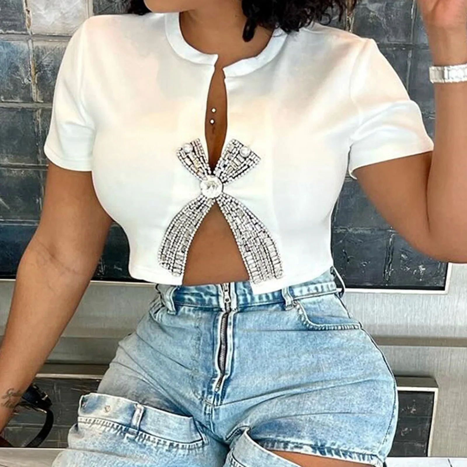 Specialty Sexy Slim Fit Tee Summer Casual Split Diamond Top for Women Authentic