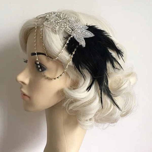 Elite Maxbell Wedding Bridal 1920s Vintage Fashion Black Feather Headpiece Flapper Chain Diamante Crystal Hairband Great Gatsby Floral Headband Convenient