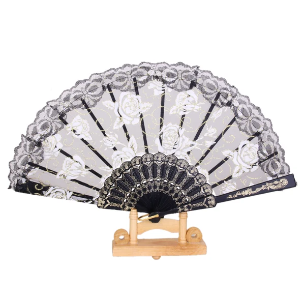 Premium Maxbell Sweet Style Sequined Lace Rose Flowers Hand Fan Dancing Party Fan Black Fine Crafted