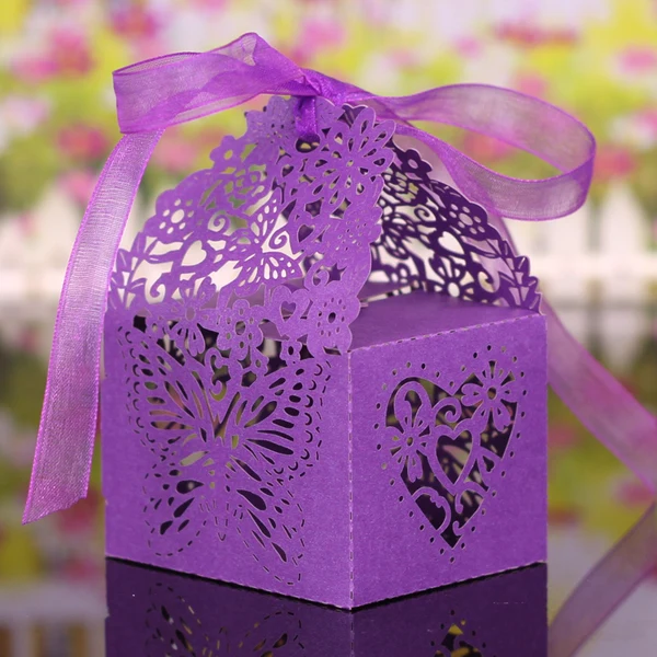 Versatile Maxbell 20x Hollow Out Butterfly Heart Pattern Candy Gift Boxes Wedding decor Purple Advanced
