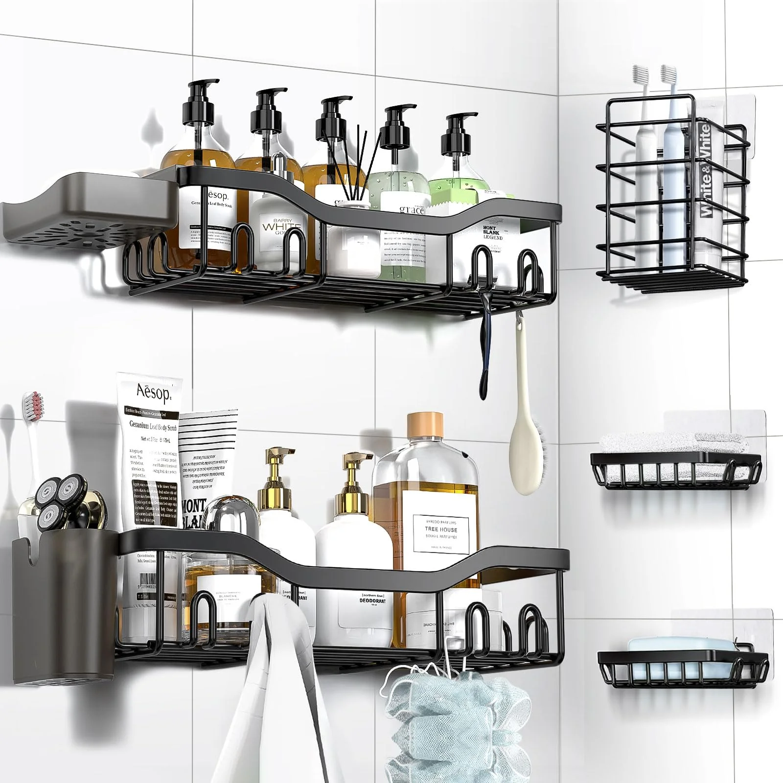 Breathable NESOMI 7-Pack Adhesive Shower Caddy – Rustproof No-Drill Bathroom Organizer with Shelves Soap Dish Toothbrush Holder Hooks Long-Lasting