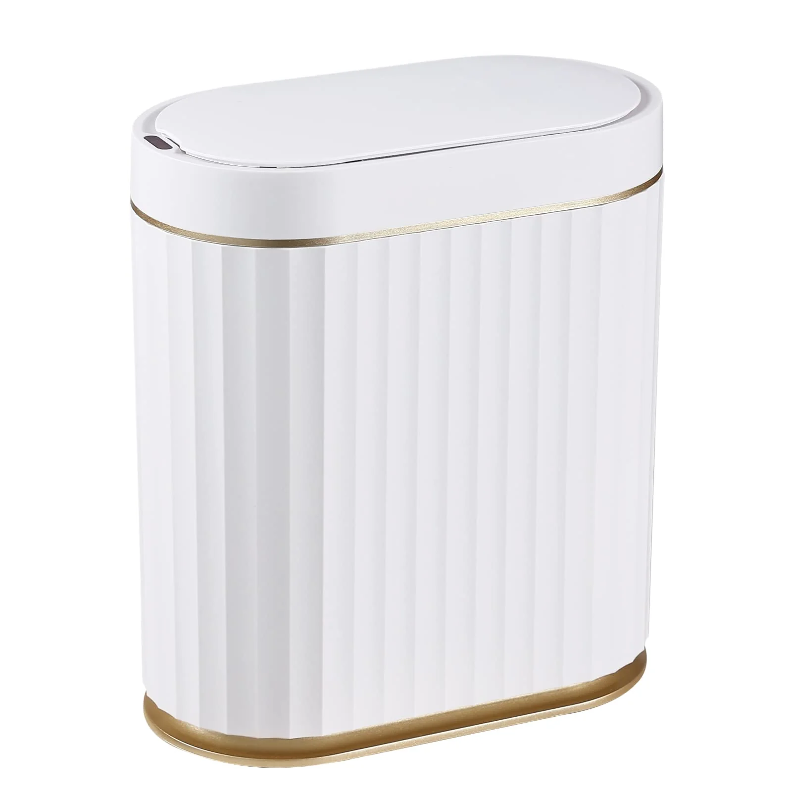 Innovative ELPHECO Automatic Motion Sensor Trash Can - 2 Gallon Slimline for Bathroom Bedroom Kitchen Office - White with Gold Trim High-End