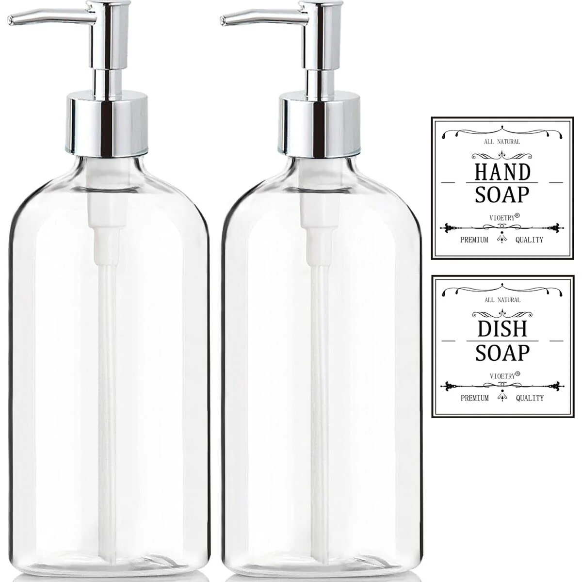 Solid Clear Soap Dispenser with Rust Proof Pump Waterproof Labels 2 Pack 16 Oz Plastic Hand Soap Dish Soap Dispenser for Kitchen Bathroom Efficient