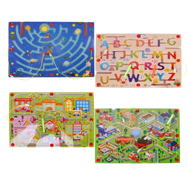 Practical Maxbell Wooden Puzzle Magnet Beads Slot Maze Pen Labyrinth Alphabet Nine Planets Toy Premium