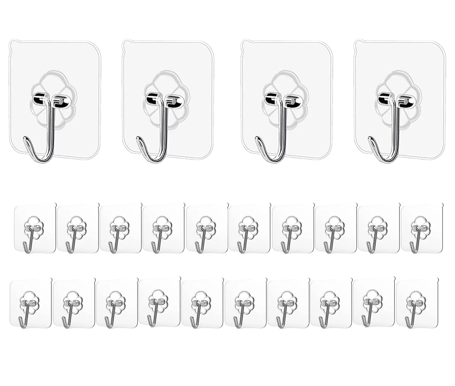 Flexible Adhesive Kitchen Wall Hooks 24-Pack Heavy Duty 24lb Max Transparent Waterproof Nail- Stainless Hangers for Keys Bathroom Outdoor Home Efficient