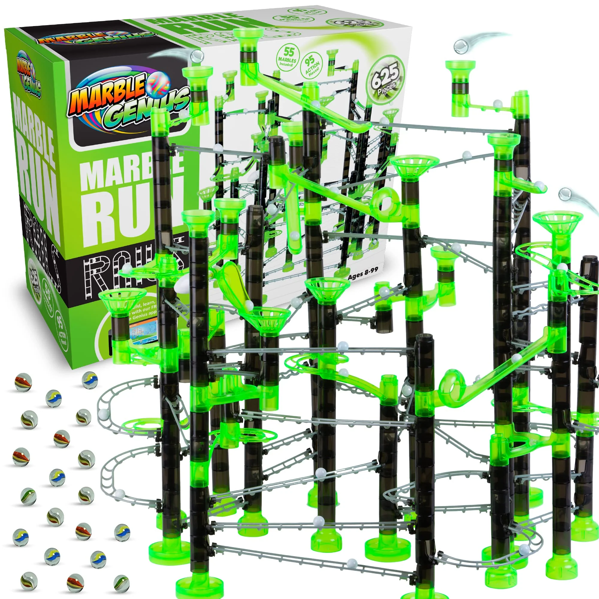 Exceptional Marble Genius Marble Rails Extreme 625pcs Set – STEM Marble Run with 55 Marbles Rails Bases Full-Color Instructions for Kids 8 Responsible