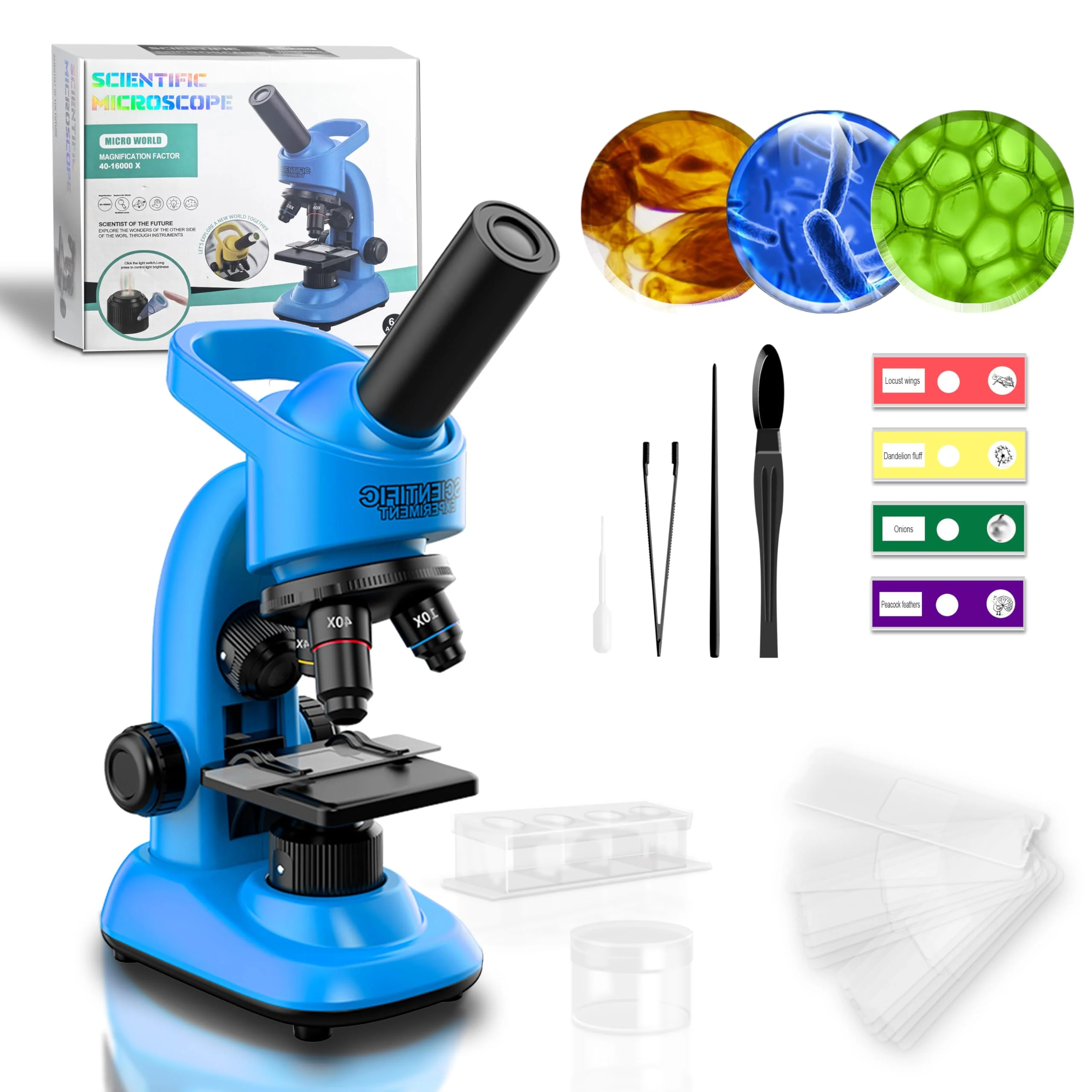 User-Friendly Kids Microscope Kit – 40x-1600x Beginner STEM Science Set with LED Light Prepared Slides Tools Educational Toy for Ages 6–12 Minimalist