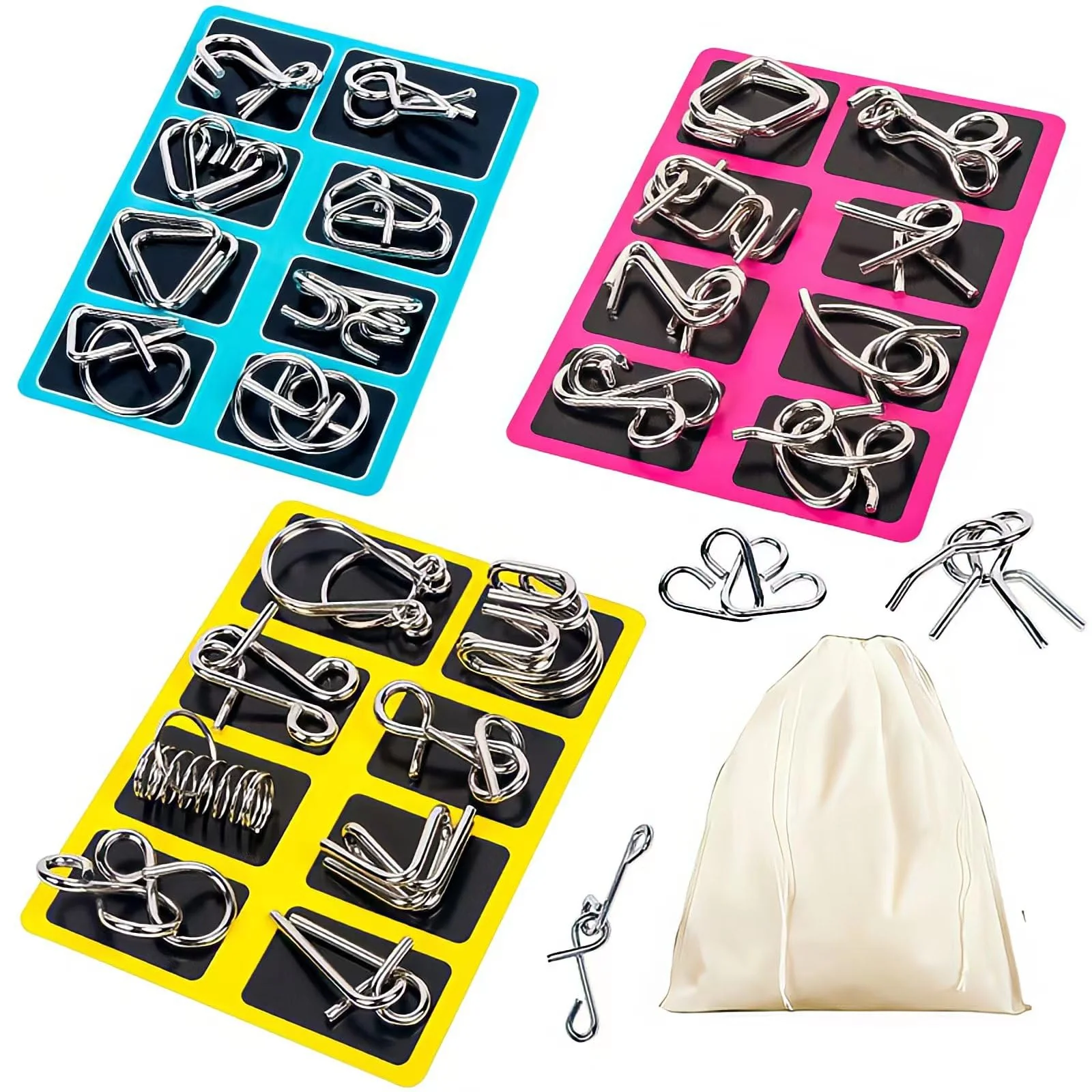 Pure GEKELI Metal Wire Puzzle Set – 24 Brain Teasers with Pouch IQ Test Disentanglement Interlock Games Trick Toy for Kids Adults Specialty