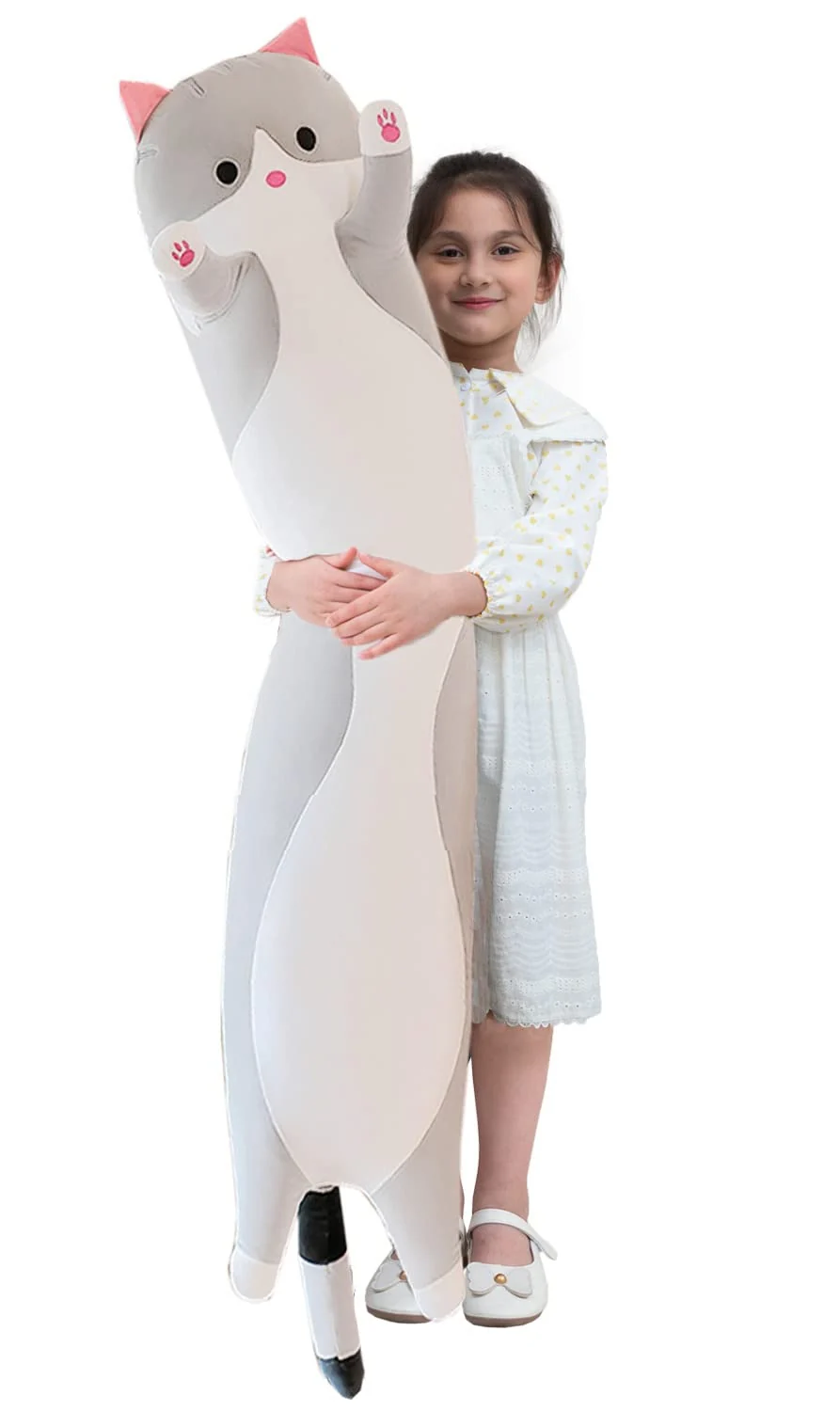 Efficient Giant Cat Pillow Plush Cartoon Kitty Sleeping Hugging Pillow Cuddly Soft Long Kitten Body Pillow Doll Cat Cushion Toy for Kids Girlfriend Gray Detailed