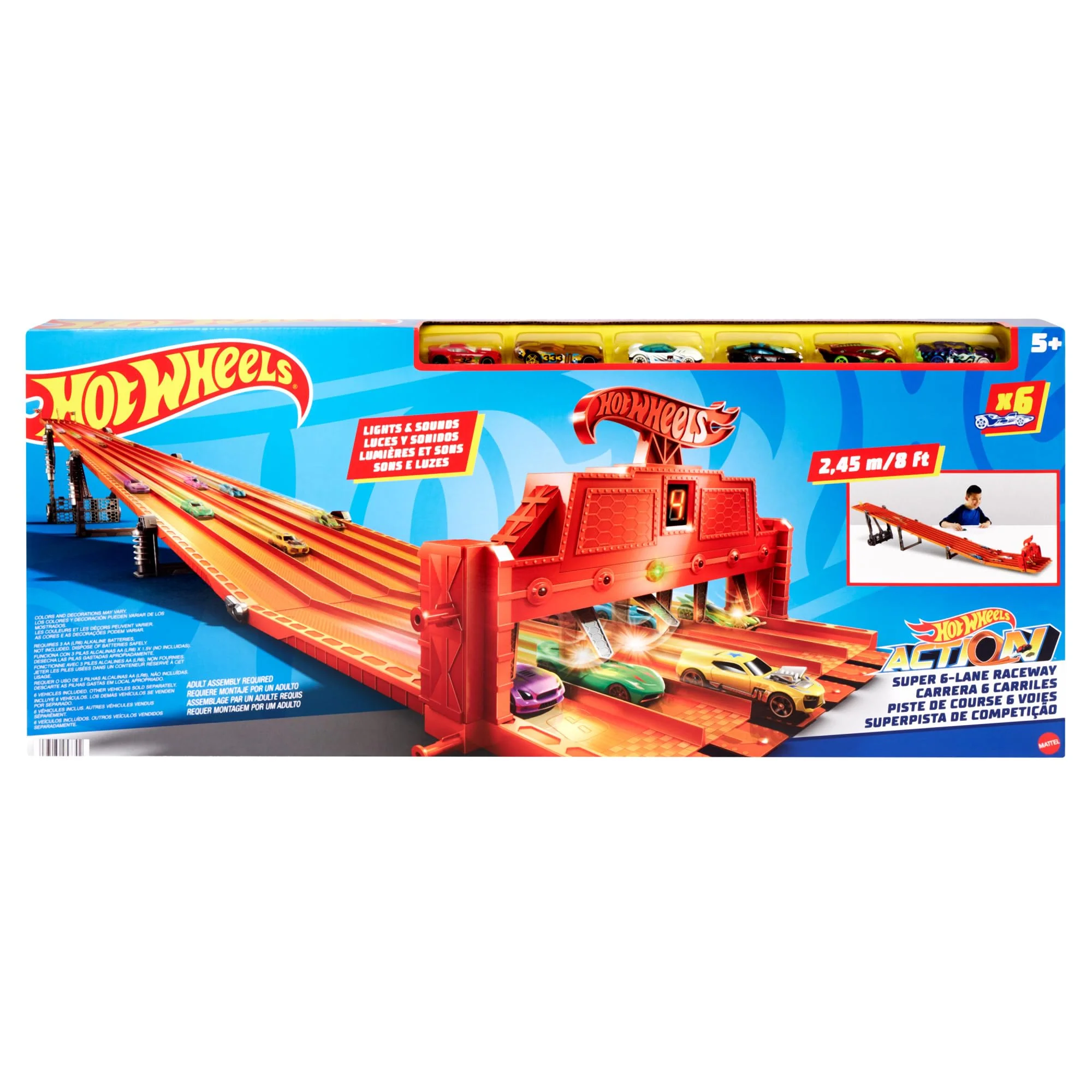 Premium Hot Wheels Toy Car Track Set with Lights Sounds 6 1 64 Scale Vehicles Super 6-Lane Raceway 8-foot Track that Rolls Up for Storage Amazon… Lightweight