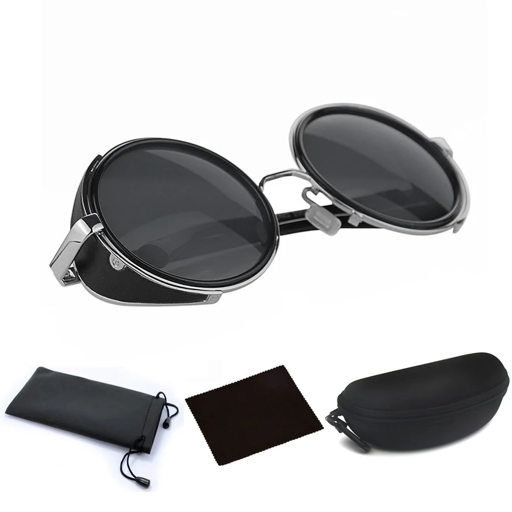 Genuine Round Steampunk Sunglasses for Men Women Silver Frame Black Circle Lenses Cyber Goggles Glasses Vintage Retro Design Blinder Fashion Accessories Proven