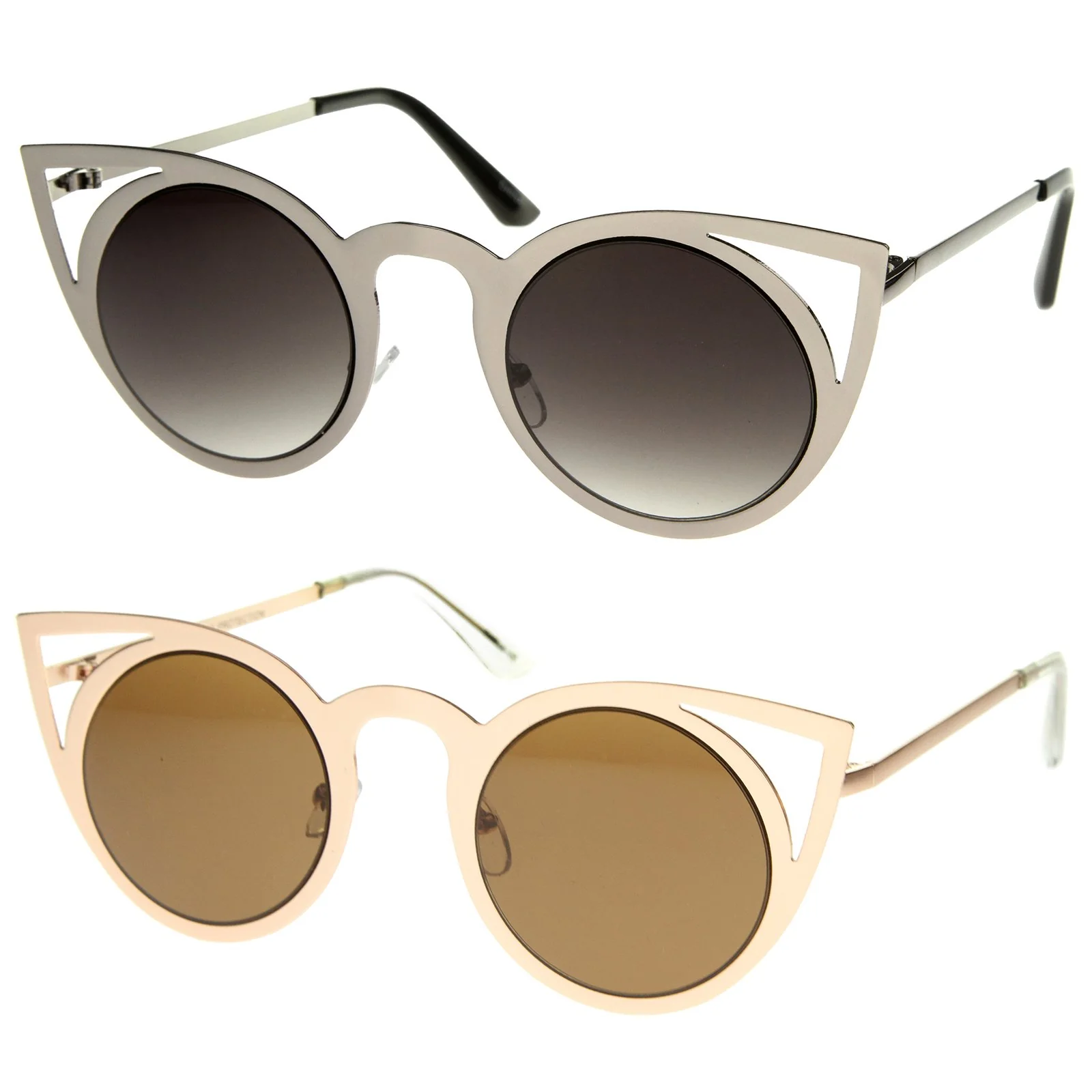 Detailed zeroUV Womens Fashion Round Metal Cut-Out Flash Mirror Lens Cat Eye Sunglasses 2-Pack Gld Brwn Sil Lav Superior