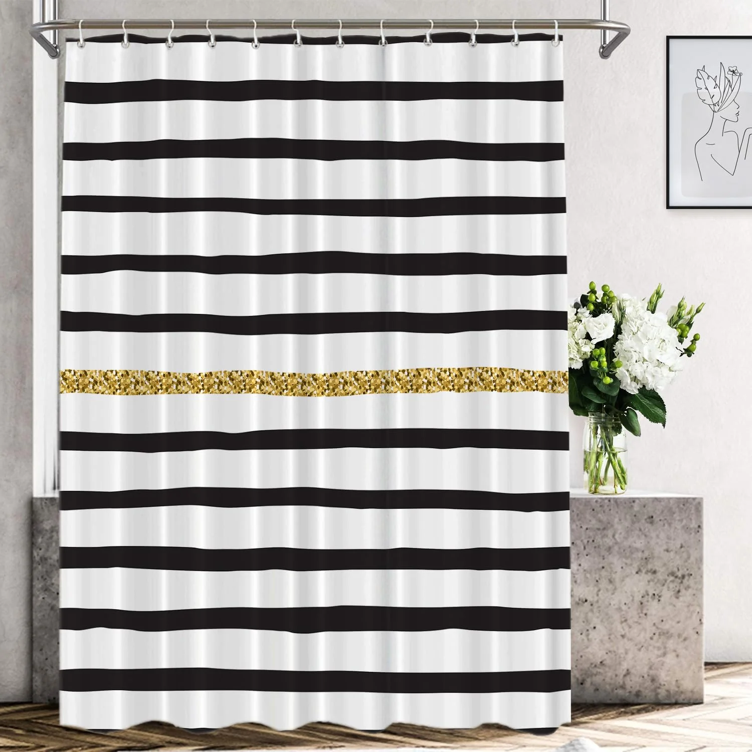 Professional Shrahala Black White and Gold Decorative Shower Curtain Black and White Geometric Abstract Ink Drawing Shower Curtain for Shower Stall Bathroom… Fast