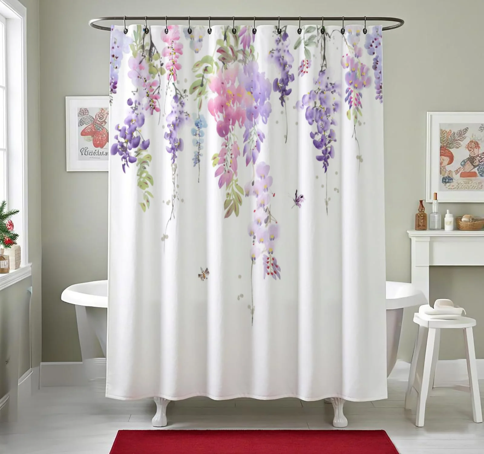 Refined BECAN Floral Shower Curtain Purple Wisteria Floral Polyester Fabric Waterproof Layer Thickening Shower Curtain 72X72Inches Premium Material