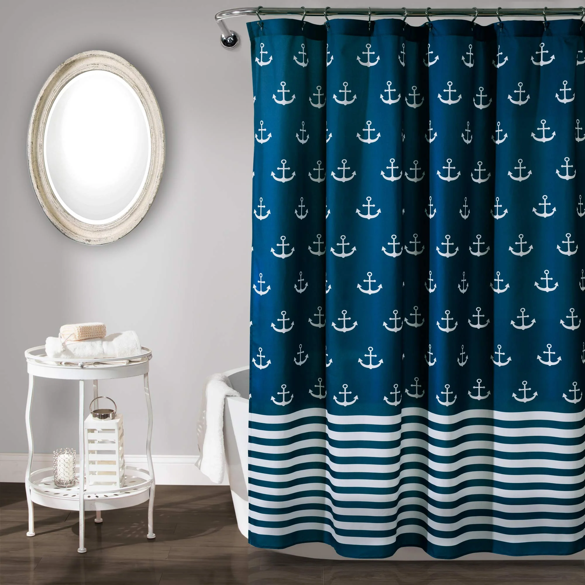 Classic Lush Decor Shower Curtain Beach-Themed Bathroom Accessories Navy Blue Anchor Print 72 x 72 Long-Lasting