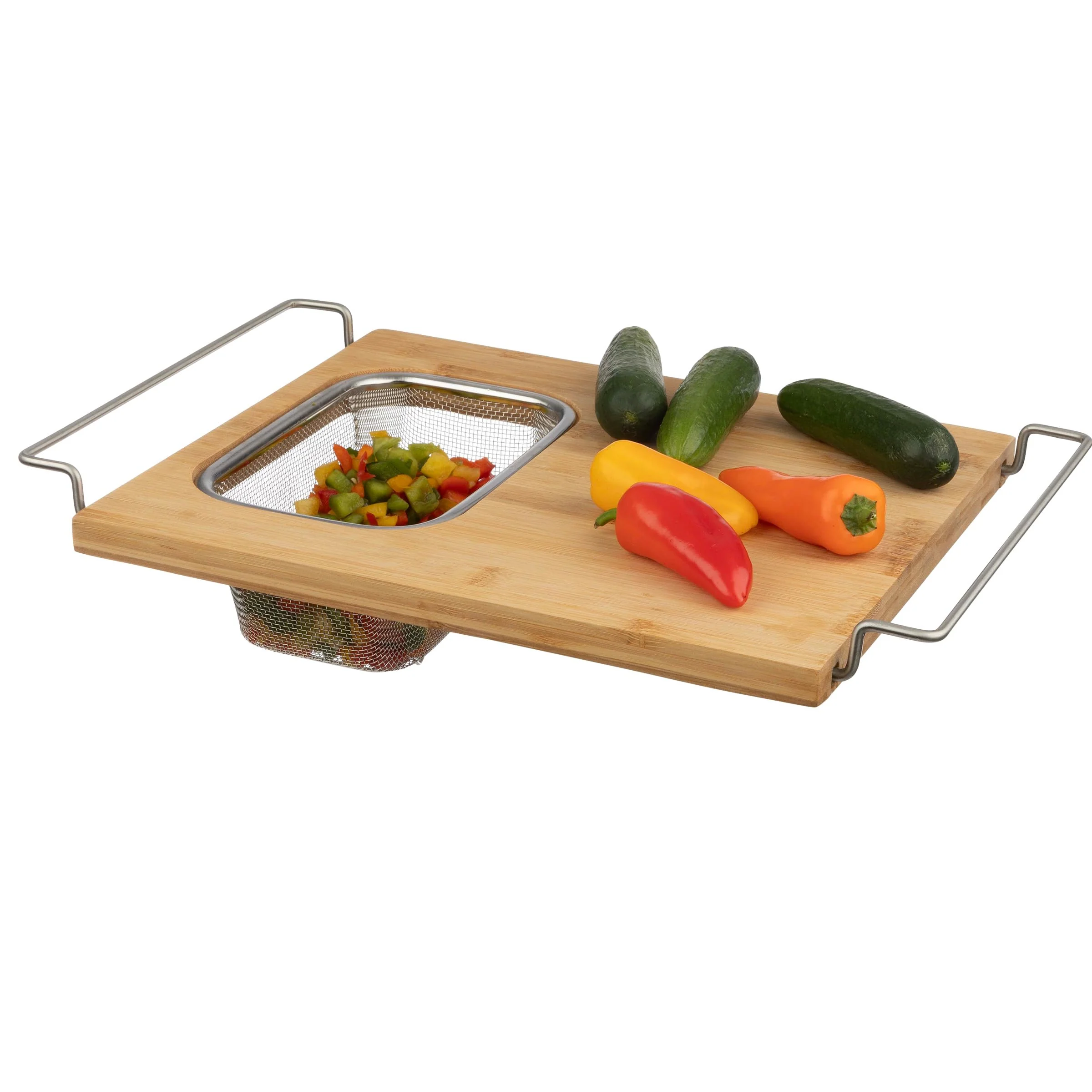 Fashionable Cutting Board with Strainer - 2 in 1 Adjustable Bamboo Chopping Board with Removable Stainless Steel Colander for Over the Sink by Classic Cuisine Smooth