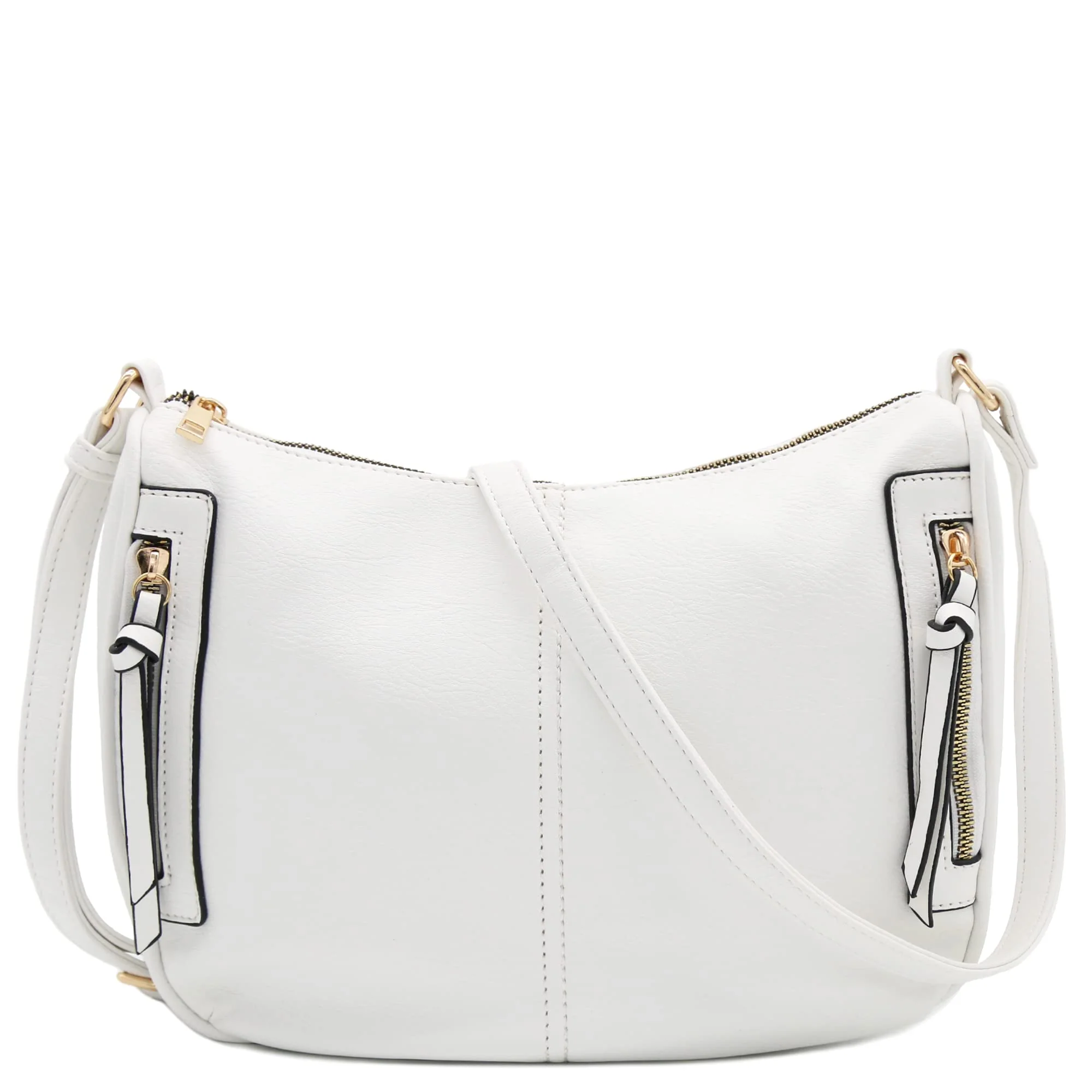 Top-Quality FashionPuzzle Faux Leather Two Front Zipper Pocket Crossbody Saddle Bag White Crafted