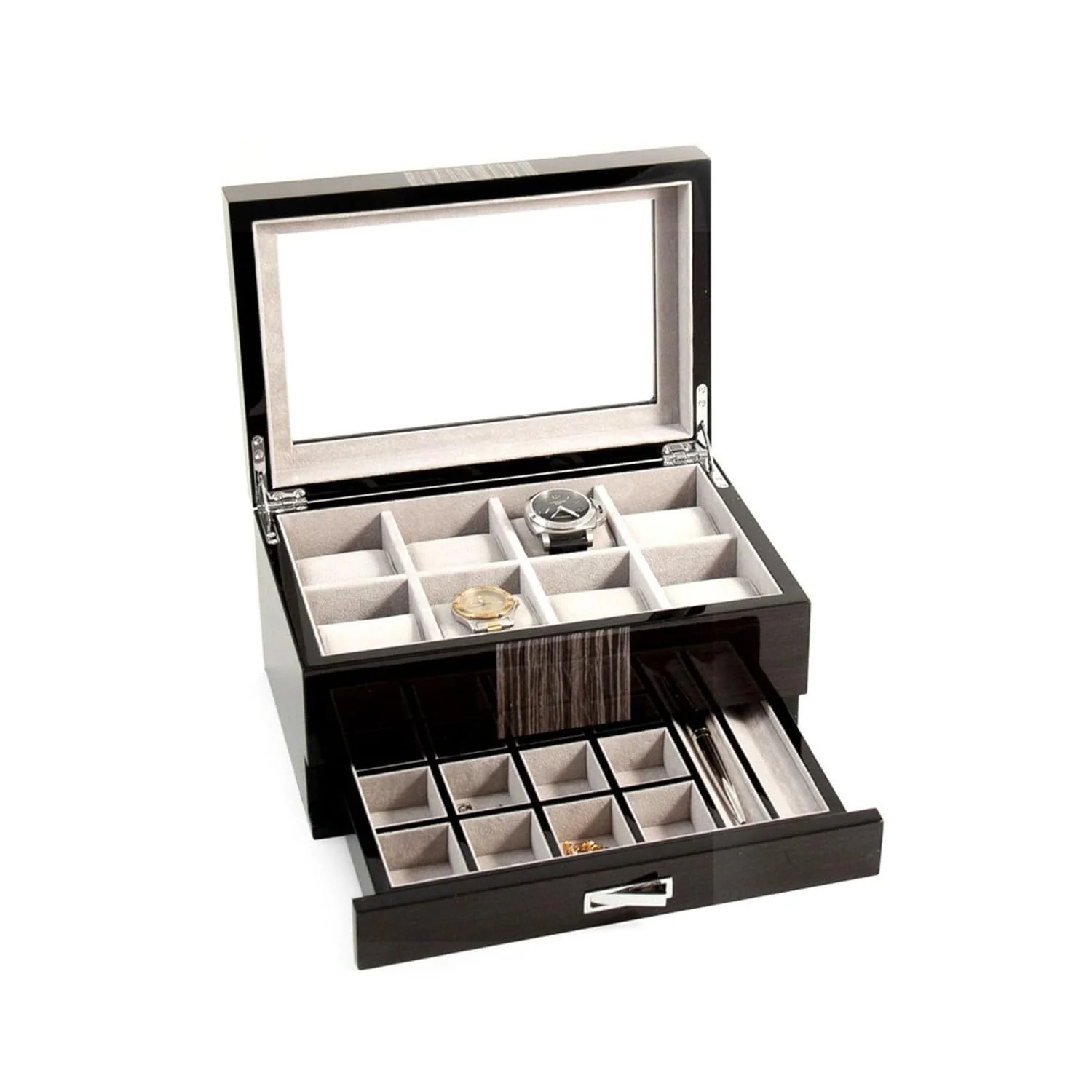 Optimized Bey-Berk Tucker 10-Slot Watch and Jewelry Box Lacquered Wenge Wood Glass-Top Organizer with Velour-Lined Cufflink and Pen Drawer 12 x 8 x 6 Carefully Designed