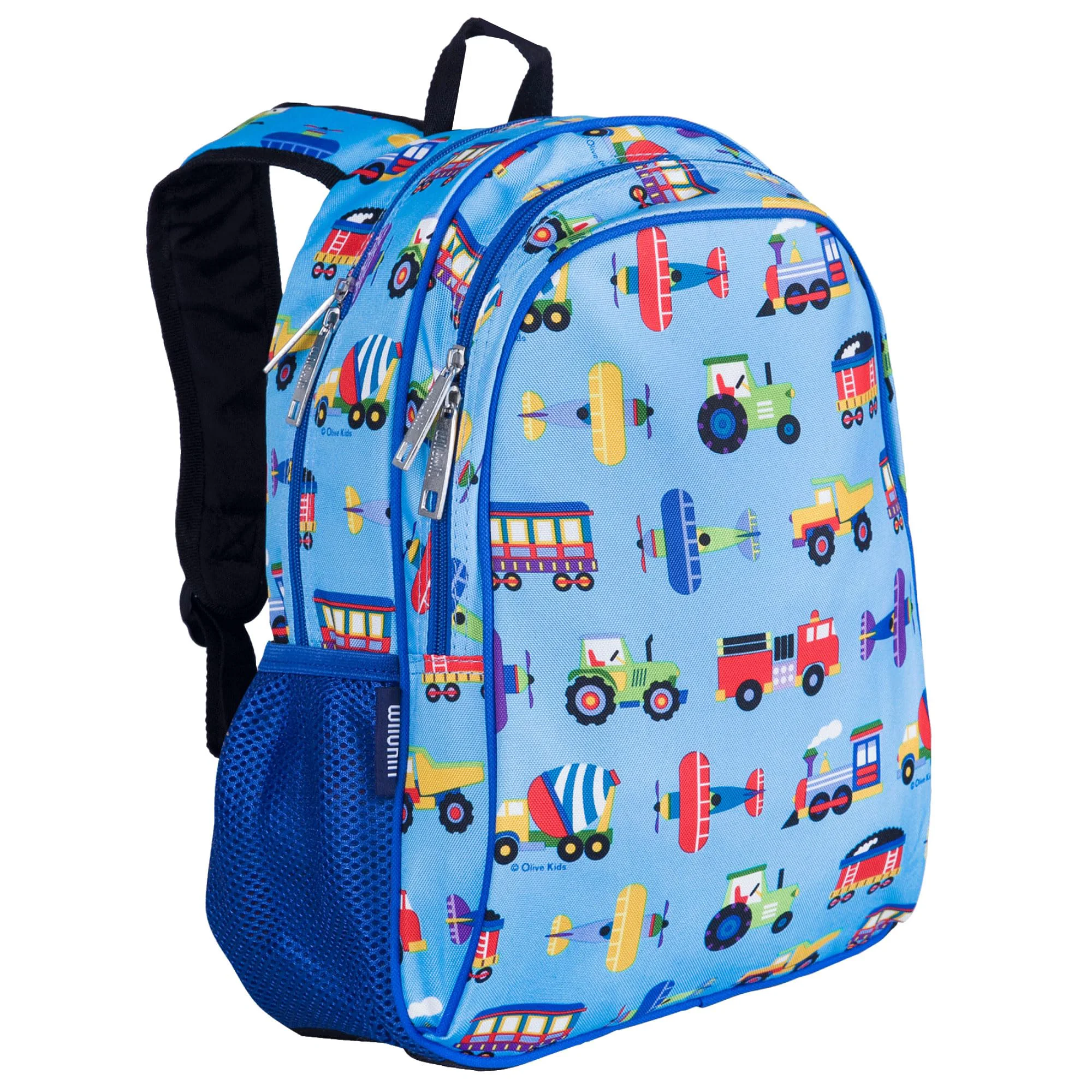 Clean Wildkin 15-inch Kids Backpack - Durable Padded Adjustable for School Travel - Trains Planes and Trucks Green