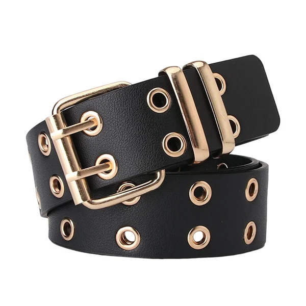 Sophisticated Maxbell Double Grommet Punk Belt Double Prong Buckle Hollow Accessories for Pants Black High-End