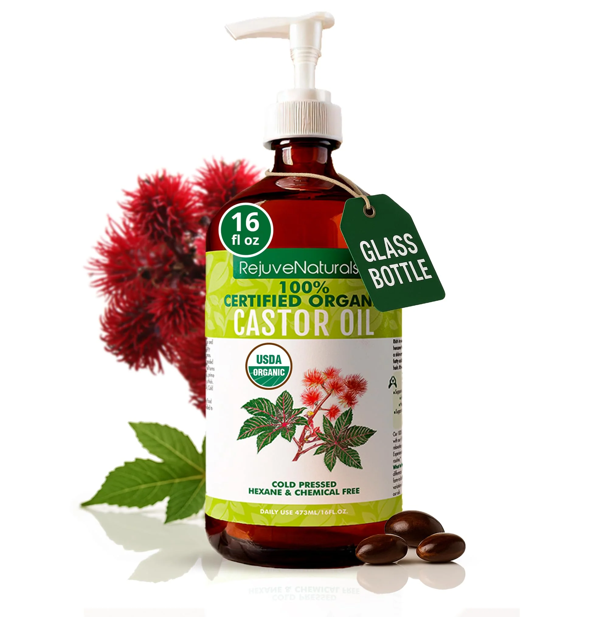 Next-Generation RejuveNaturals Castor Oil 16oz Glass Bottle USDA Organic Stylish