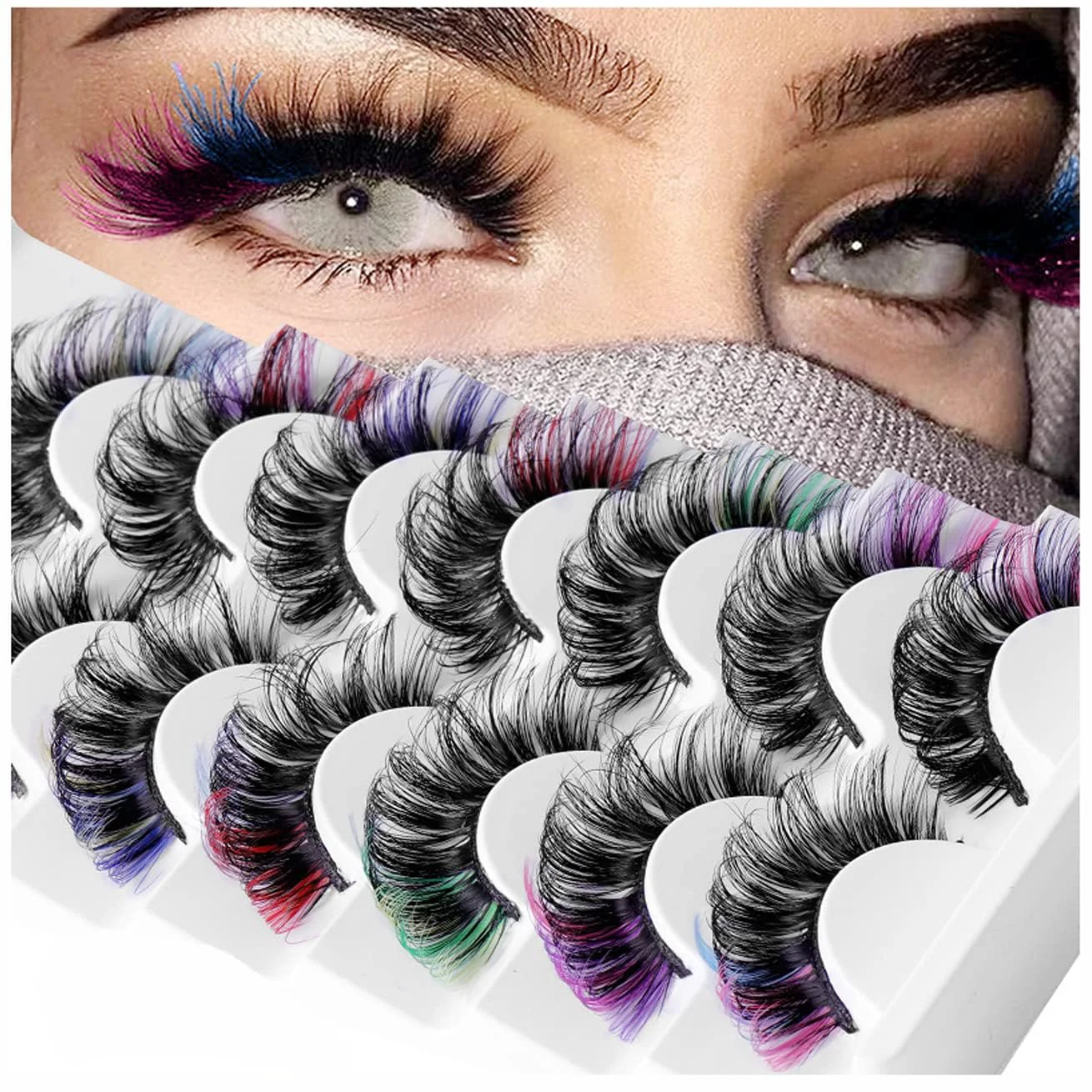 Luxury 7 Pairs Colored False Eyelashes 3D Mink Faux Lashes with Color Tips Dramatic Fluffy Volume Strip Lashes for Cat Eye Look Colorful Lash Extensions Casual