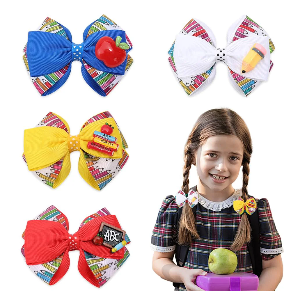 World-Class 4pcs Back to School Hair Bows Clips for Girls - Yellow Apple Pen Blackboard Barrette Colorful Hair Bow Accessories for First Day of School Elegant