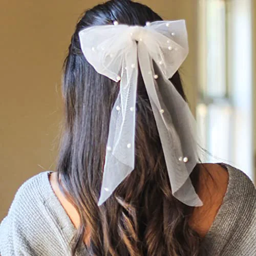 Long-Lasting JEAIRTS Bridal Hair Bow Veil Pearl Wedding Hair Piece White Tulle Bow with Clip Bachelorette Party Hair Accessories for Women Authentic
