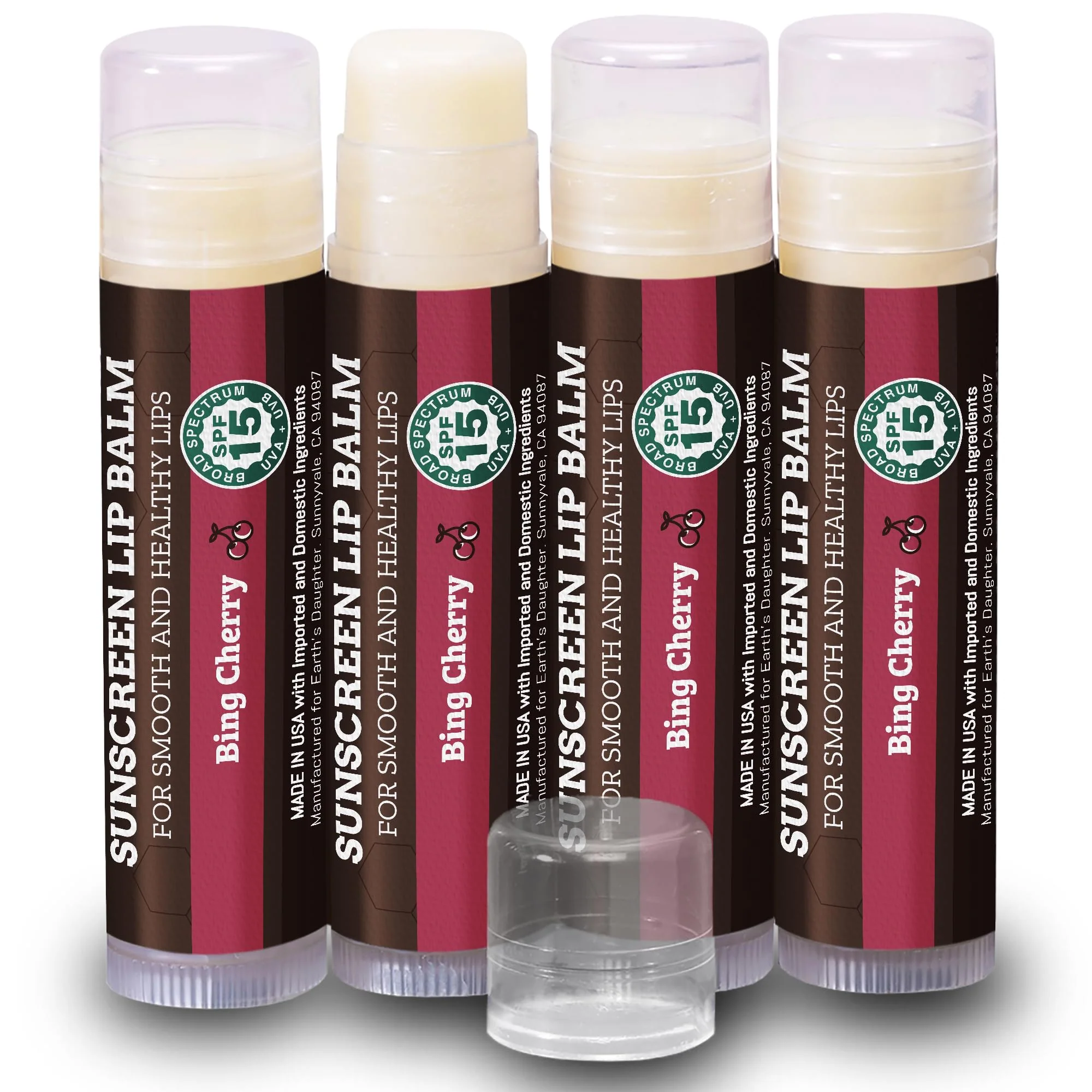 Carefully Designed Earth's Daughter SPF Lip Balm Cherry Flavor 4-Pack Stocking Stuffers - Lip Sunscreen SPF 15 Organic Ingredients Beeswax Coconut Oil Vitamin E Artisan
