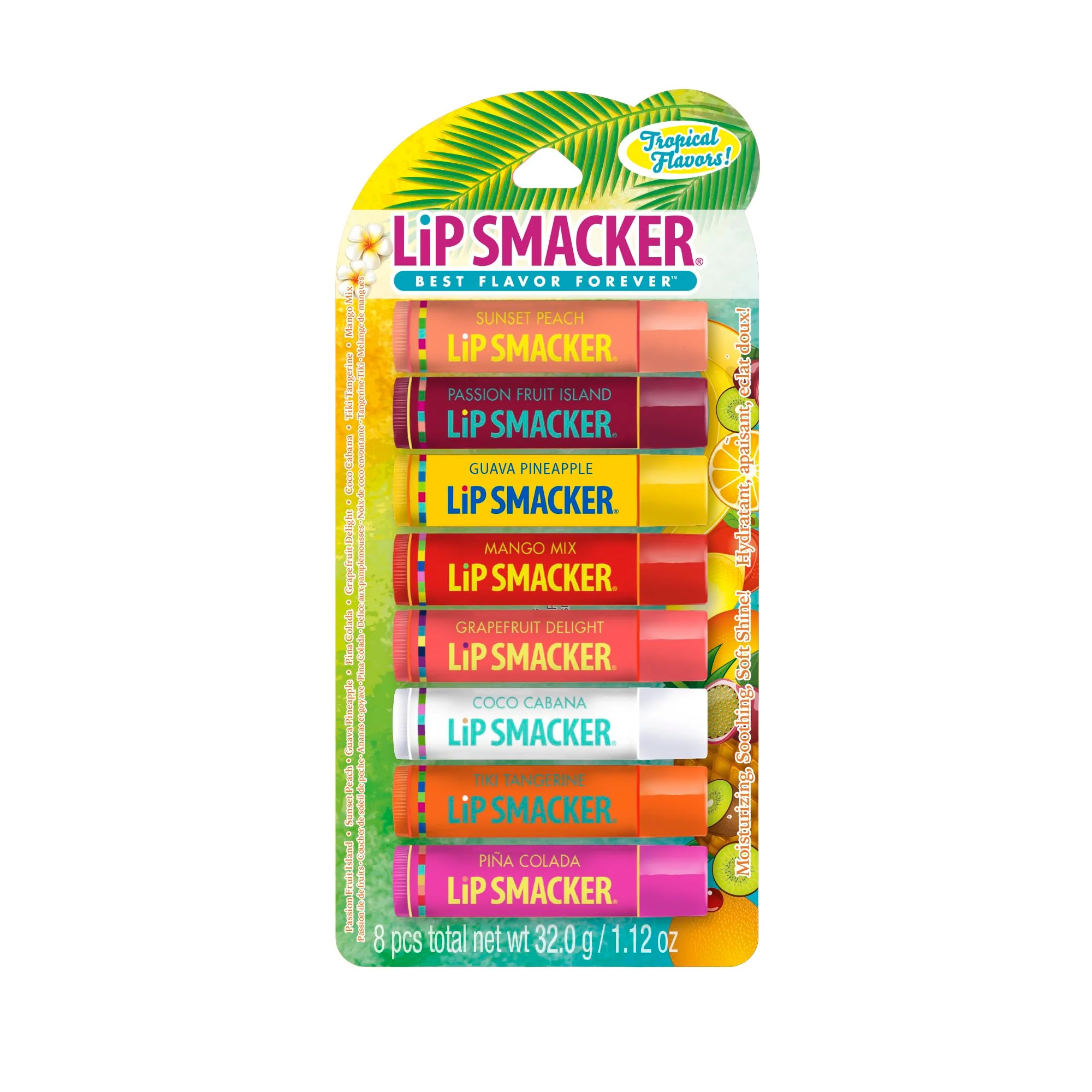 Superior Lip Smacker Flavored Lip Balm Tropic Fever 8 Count Pack of 1 Passion Fruit Peach Breezey-Teazey Pina Colada Grapefruit Coca Cabana Tangerine Official