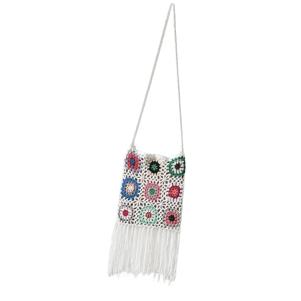 Practical Maxbell Hand Crocheted Shoulder Bag Woven Tassel Bohemian for Beach Summer White Easy-to-Use
