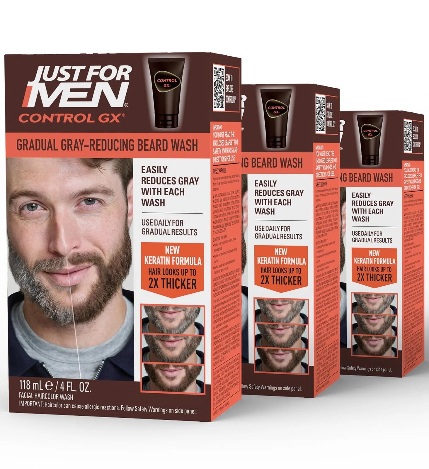 World-Class Just for Men Control GX Grey Reducing Beard Wash Shampoo with Keratin Gradually Colors Mustache and Beard Leaves Facial Hair Thicker Softer Comfortable