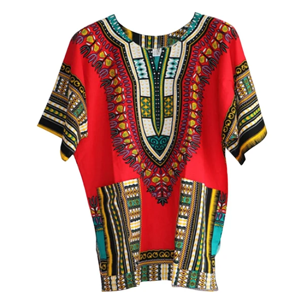 Enhanced Maxbell Unisex African Dashiki Shirt V Neck Short Sleeve Comfortable Summer Wear One Size Red Classic
