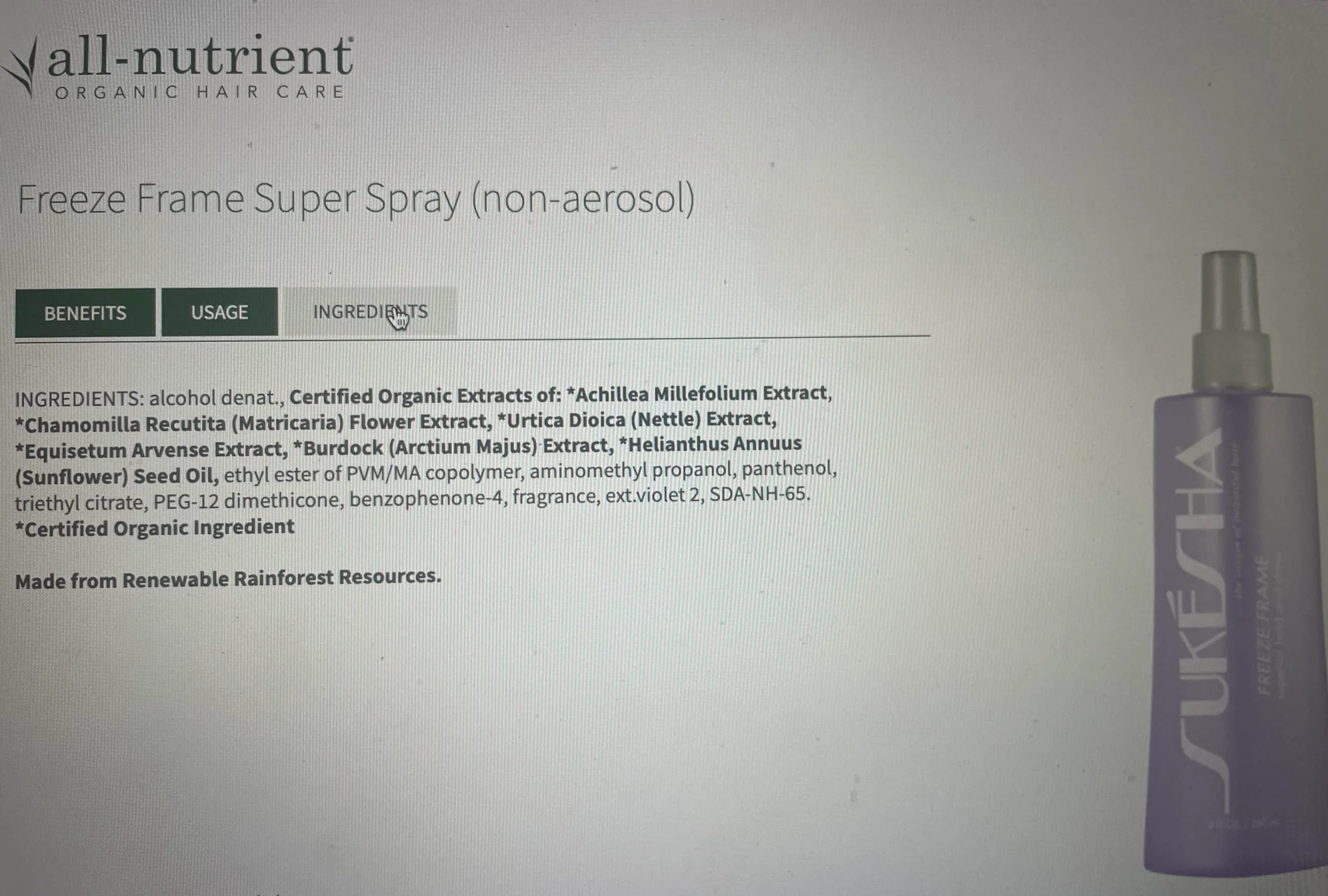 Green Sukesha ze Frame Hair Spray 8.5 Oz Fast