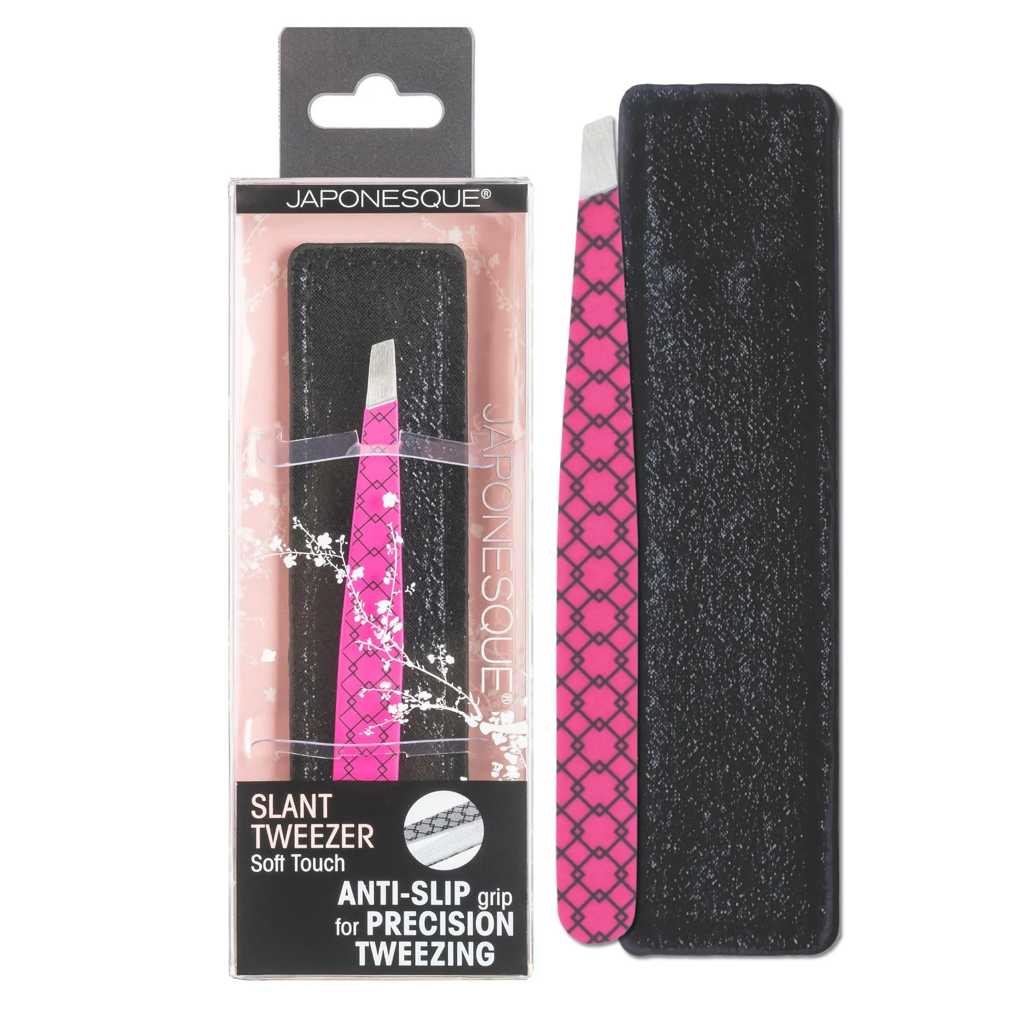 Optimized JAPONESQUE Soft Touch Slant Tweezer with Precision Crafted Hand Sharpened Tips for Shaping and Defining Brows Includes Protective Storage Pouch Detailed