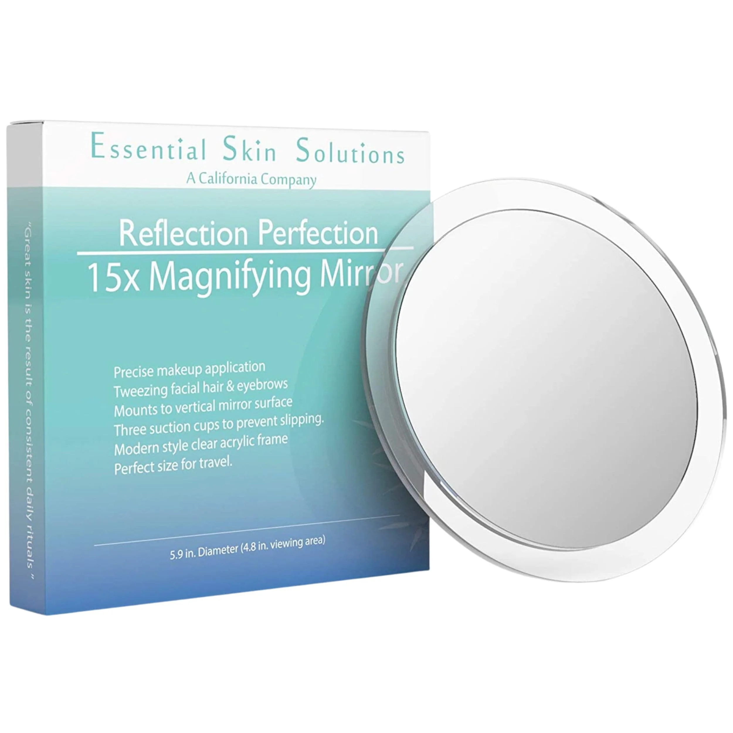 Versatile 15X Magnifying Mirror - Use for Makeup Application - Tweezing - and Blackhead Blemish Removal - 6 Inch Round Mirror with Three Suction Cups for Easy Contemporary