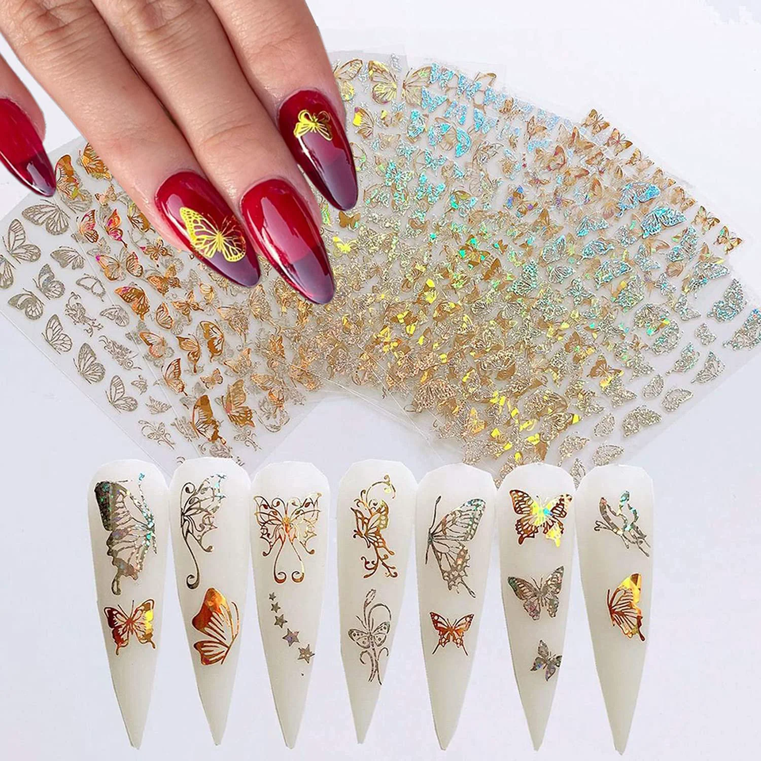Quality 8 Sheets Butterfly Nail Adhesive Sticker - Laser Craft Glitter Gold and Silver Shapes for Art Design and Decoration - 3D Luxury Foils for Acrylic Official