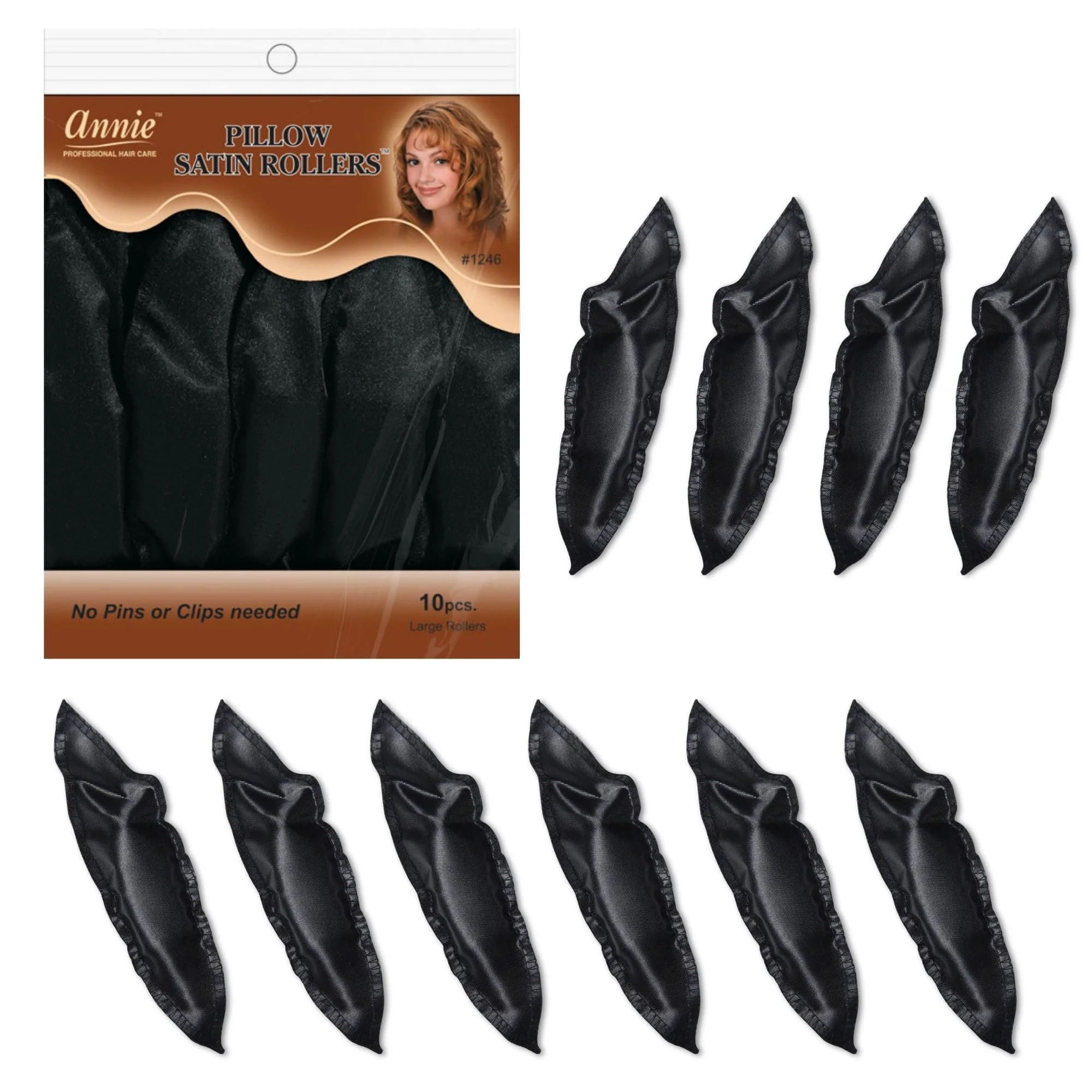 Original Design Annie Pillow Satin Rollers 10Pcs Heatless Roller Set Black Luxury