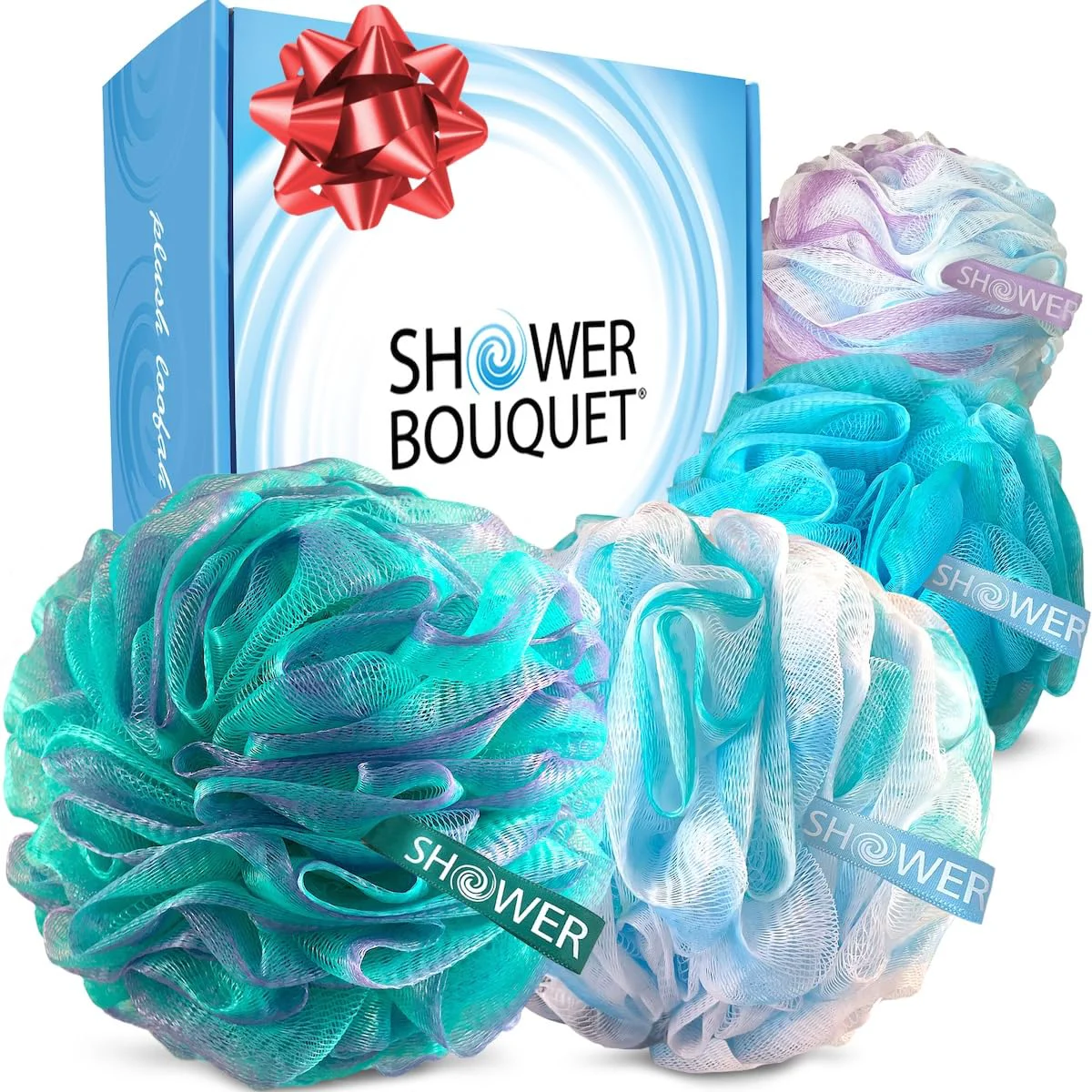 Dependable SHOWER BOUQUET Loofah-Bath-Sponge XL Swirl-Mix-Color 4-Pack Extra-Large 75g Mesh Luffa Loofa Loufa Puff Pouf Set Exfoliating Body Scrubber Convenient