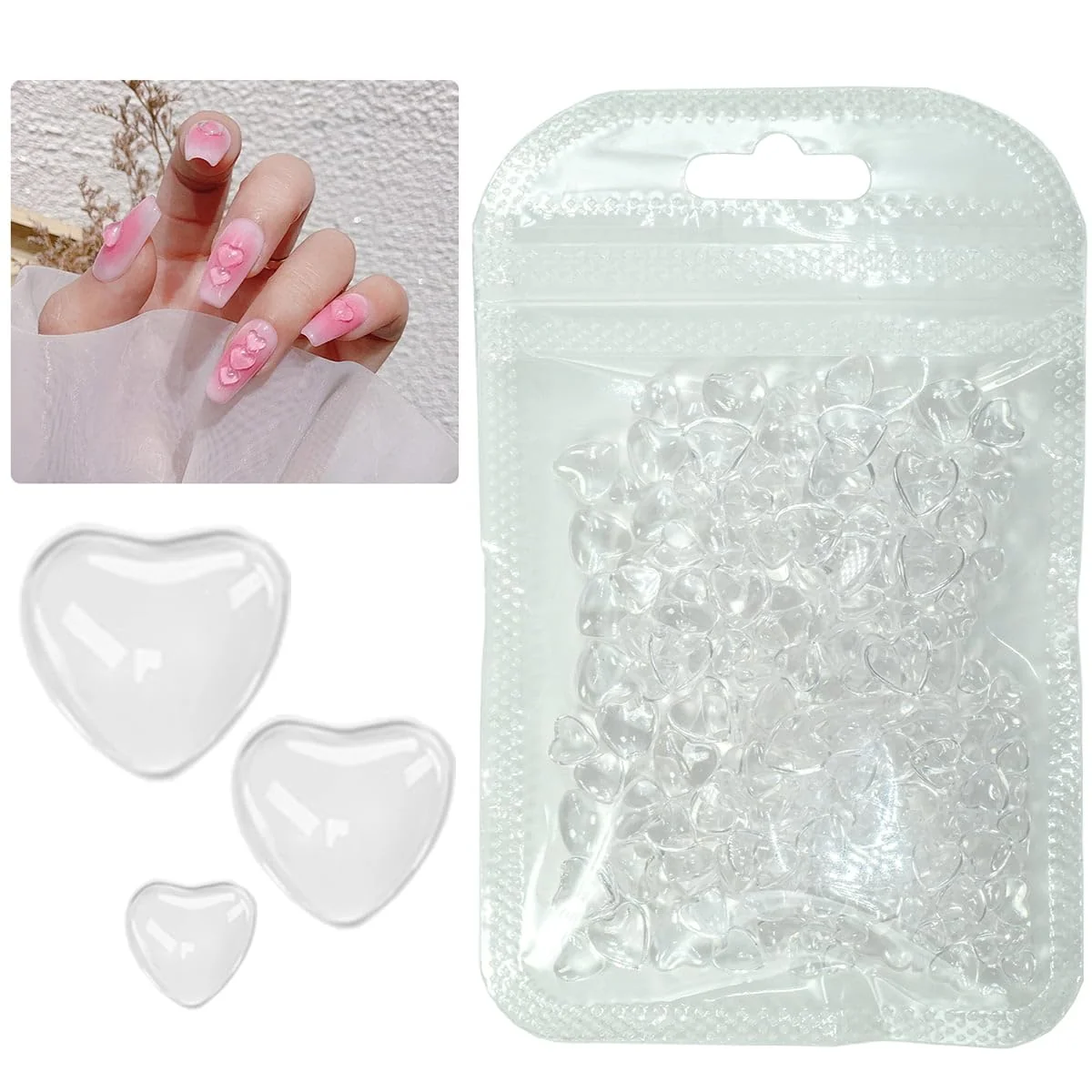 Reusable qiipii 300pcs Transparent Heart Nail Charms 3 Sizes Mixed Size 3D Clear Cute Love Hearts Rhinestones Flatback Resin Crystals Diamonds Nail Art Crafted