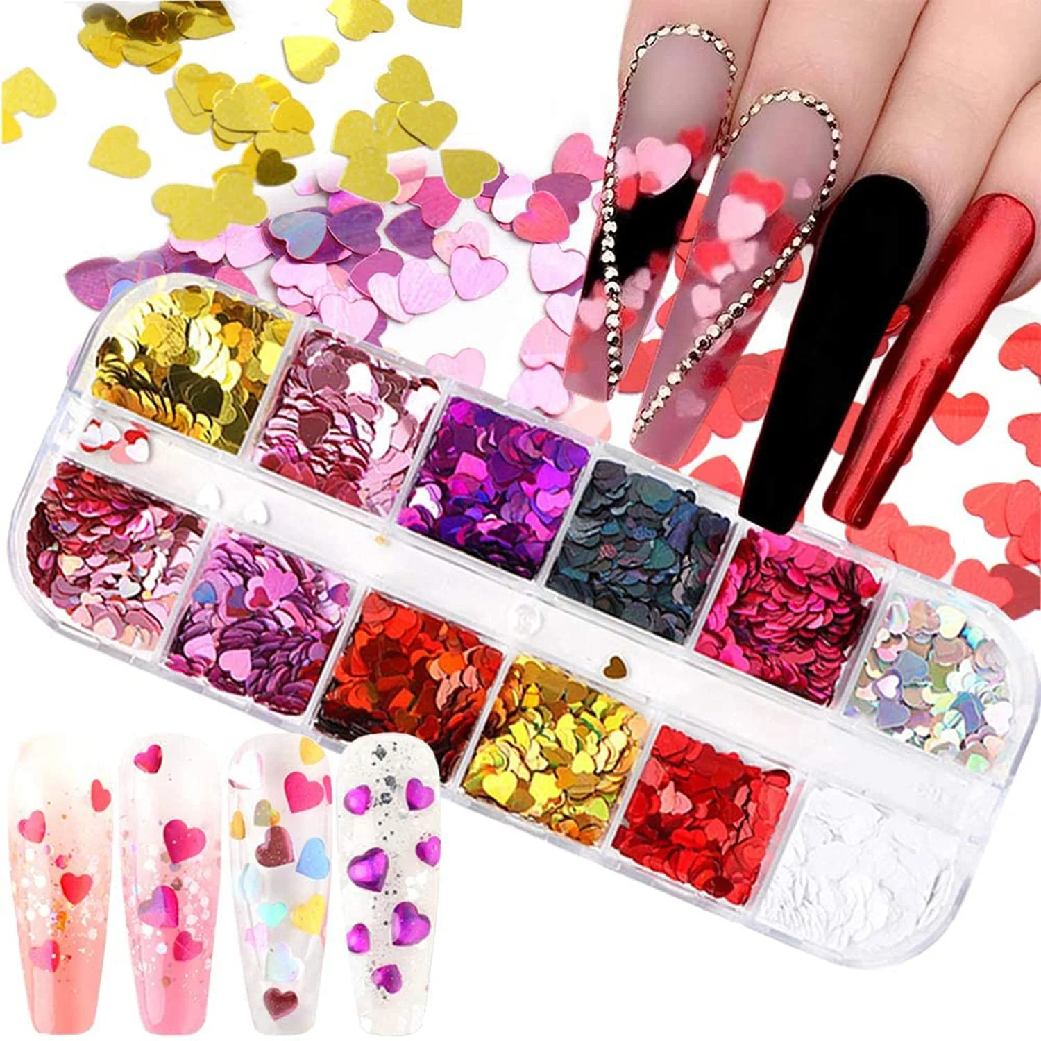 Exclusive 12 Colors Heart Holographic Nail Glitter Sequin Accessories Colorful 3D Heart Nail Flakes Powder UV Gel Polish Acrylic Design for Women Girls Manicure Certified
