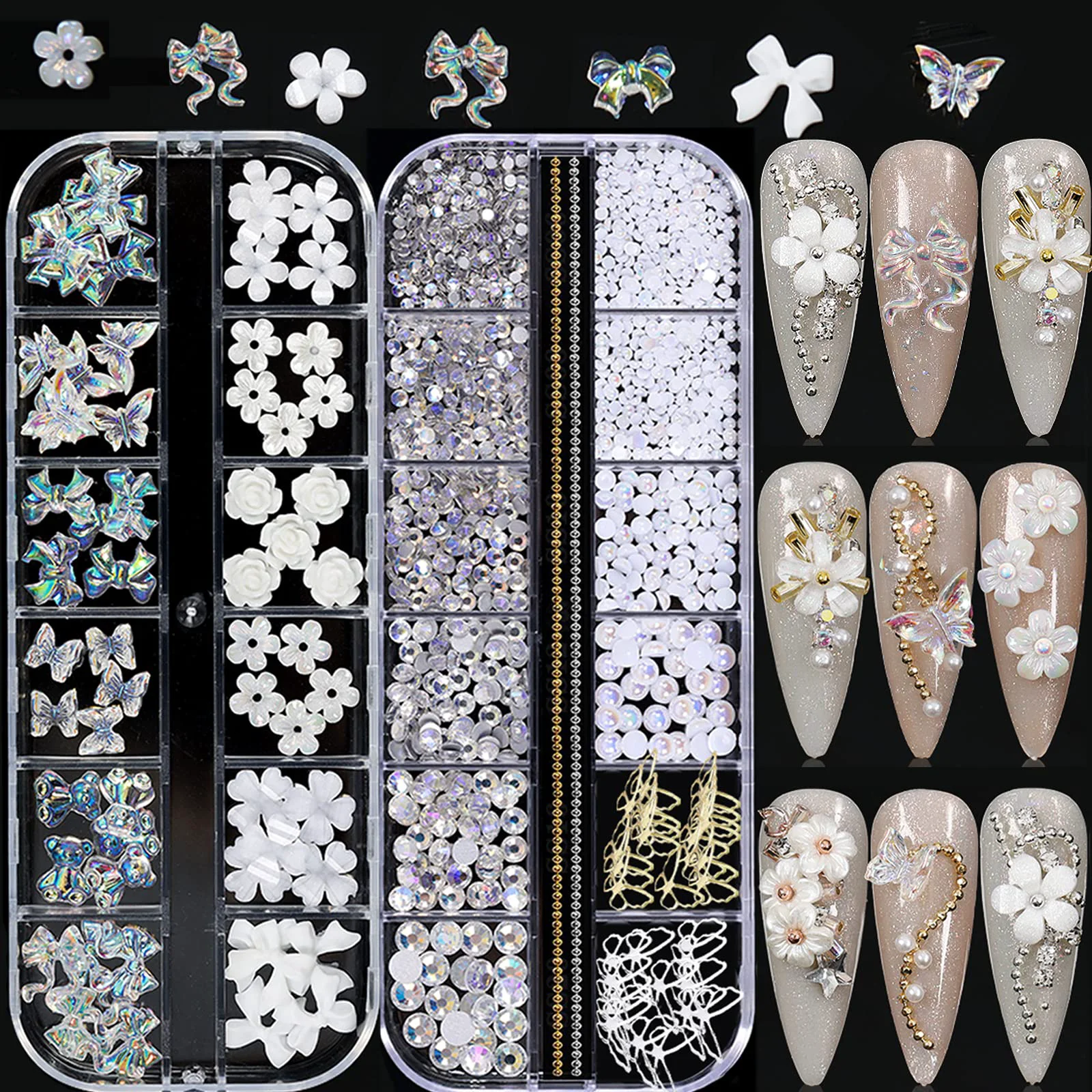 Easy-to-Use 3D Acrylic Butterfly White Flowers Bear Nails Charms Cute Nail Charms Soft